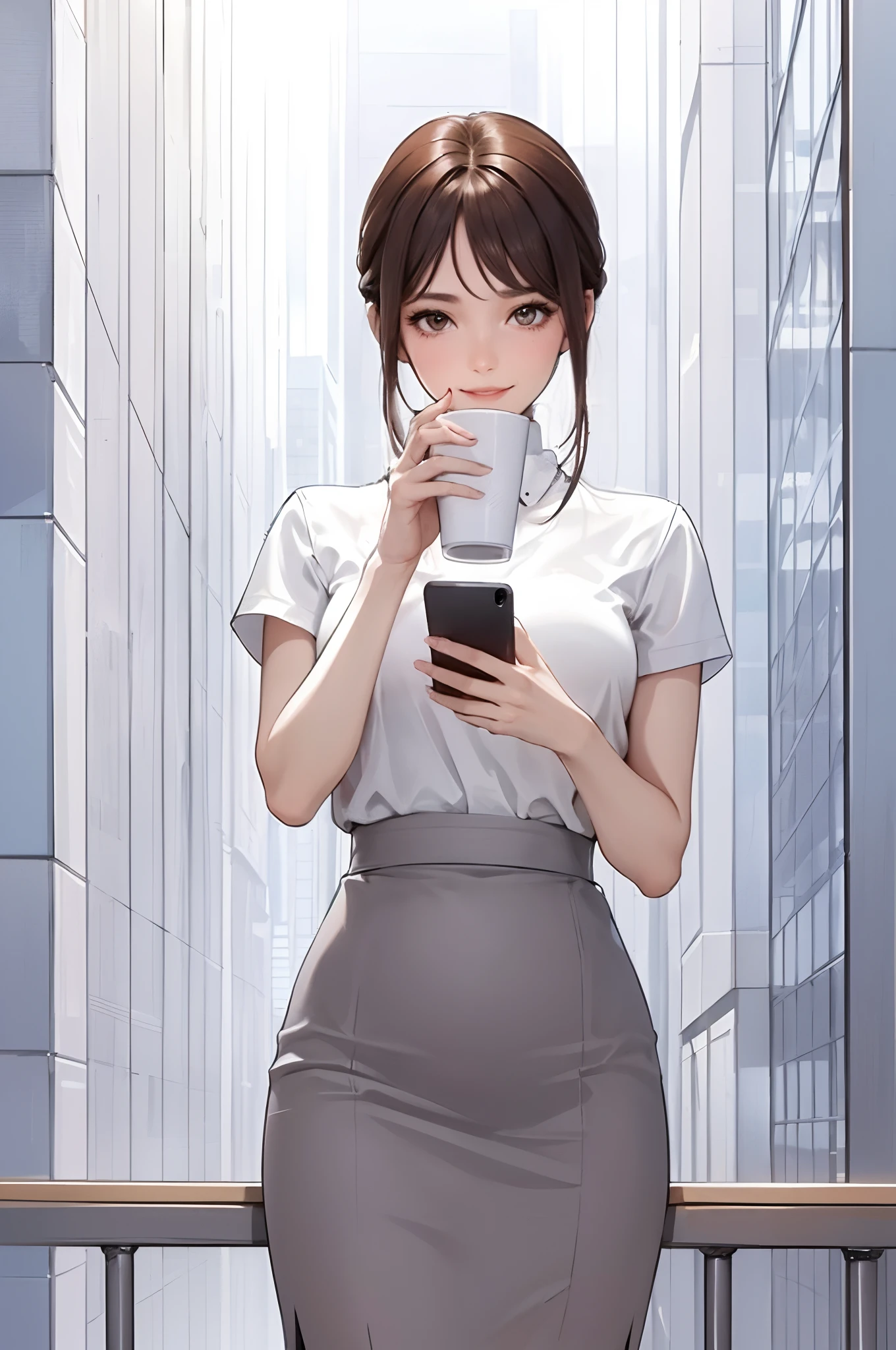 1lady sitting, holding a coffee cup, looking at cellphone, office worker outfit, mature female, /(brown hair/) bangs, light smile, (masterpiece best quality:1.2) delicate illustration ultra-detailed BREAK /(modern office indoors/), skyscraper