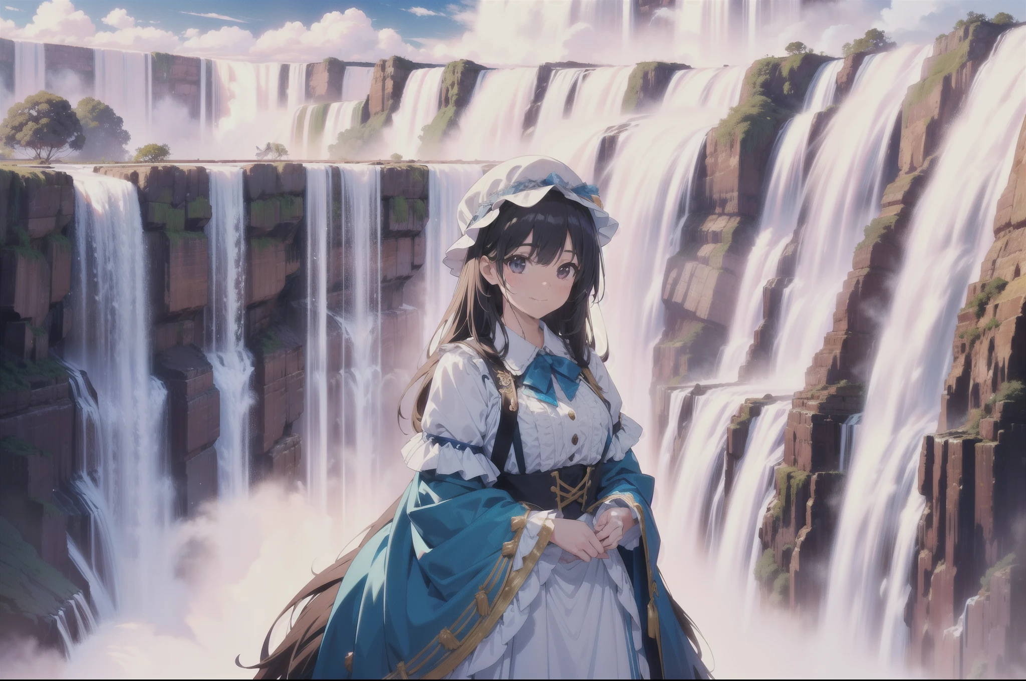 1 cute girl, Argentinian traditional costume ,standing, looking away, close to viewer, cowboy shot, character focus, from above, cinematic lighting,smile,( Iguazu Falls in the distance), water splash , ((masterpiece)), ((best quality)), ((ultra-detailed)), (illustration), ((an extremely delicate and beautiful))