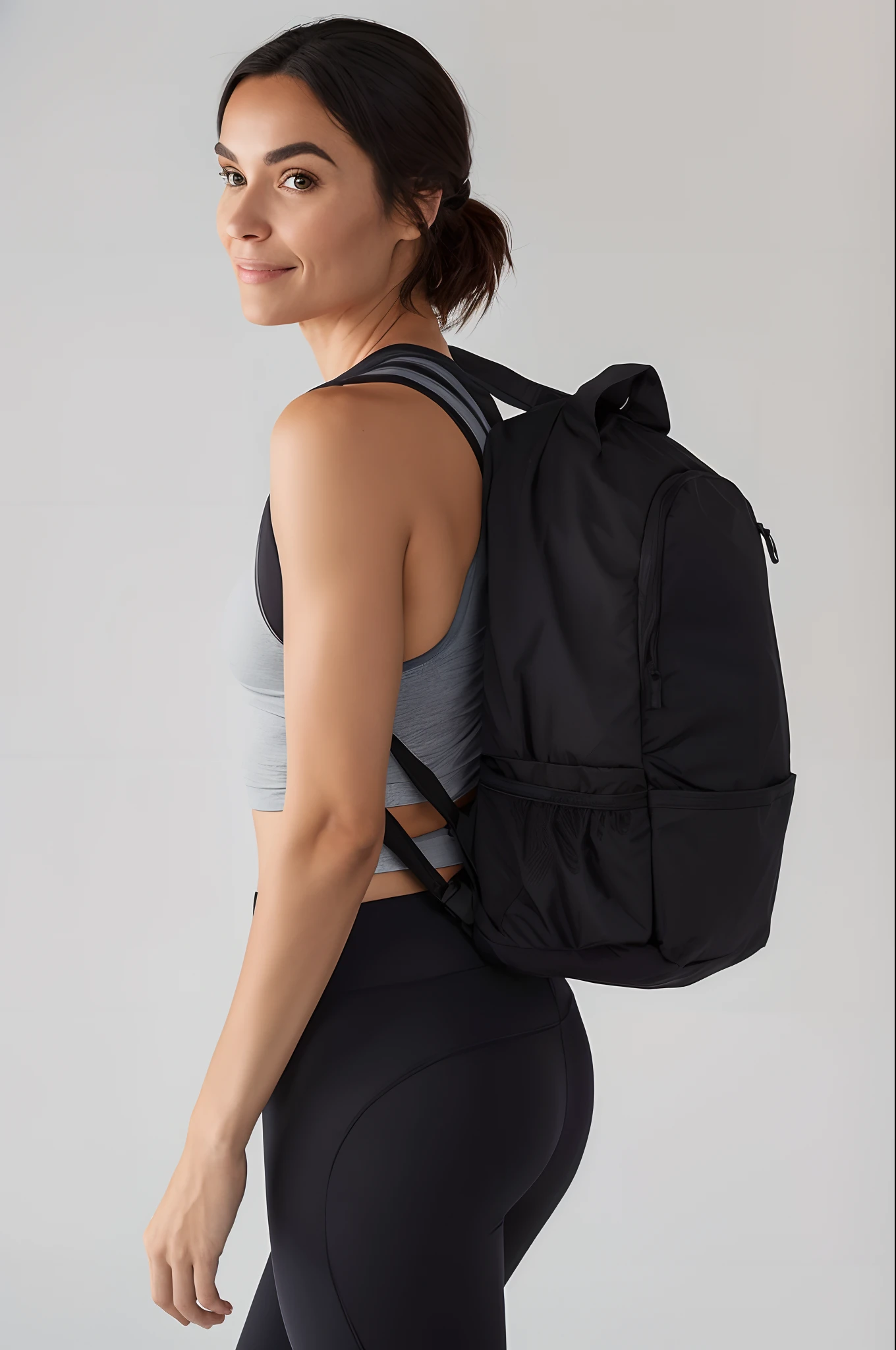 A woman in a sports bra top and black pants carrying a black backpack, com uma mochila, uma mochila, Minimalista moderno f 2 0 limpo, mochila, Minimalista moderno F 2 0, F / 2 0, o homem tem uma mochila, saco sobre a cintura, F32, f 3 2, F / 3 2, por Randy Post, F/2 8