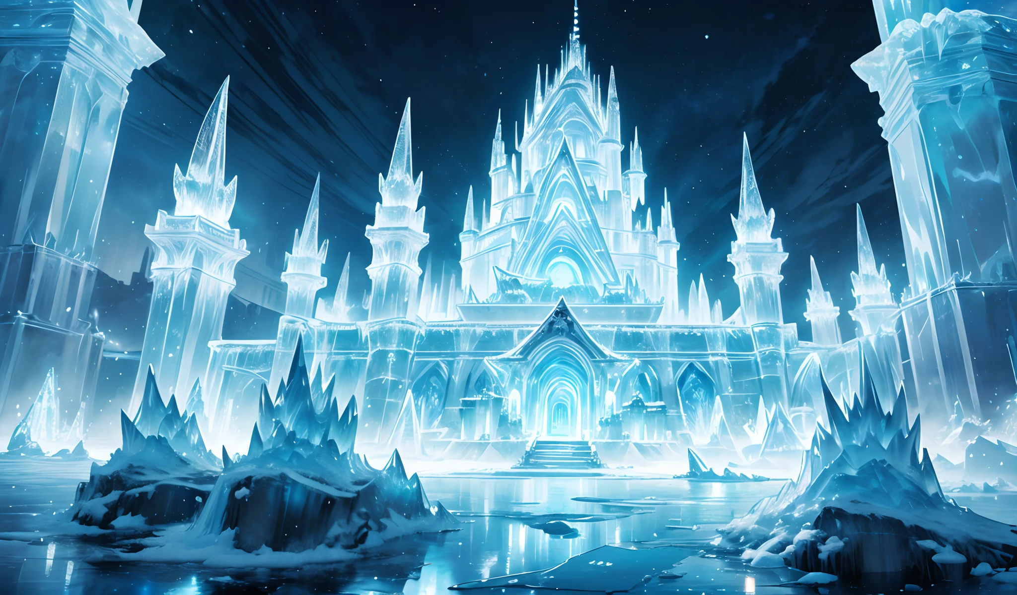masterpiece, concept art, centered, photography, wide shot, ice world, ice sculpture of Japanese castle made of ice, cold, winter, night, (epic composition, epic proportion), HD