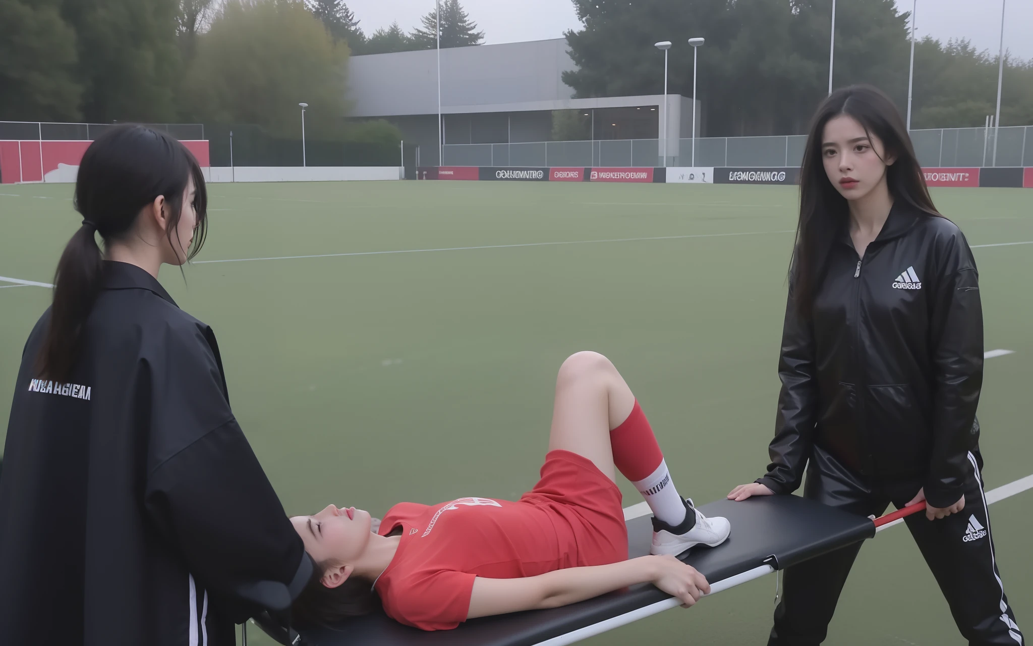 There is a man lying on a stretcher with his hands crossed over his face, a man in a t-shirt and sports shorts has crossed his hands over his face, the man has an agonised face under his hands, two longhaired and ponytailed women that are wearing very shiny coats, there are longhaired women wearing laquered puffy coats, longhaired women are walking in wetlook puffy coats, several women walking around a football field with an injured athlete on a stretcher, the injured athlete on the stretcher covers his face with both hands, the women look very worried, behind the women there is a frightening atmosphere, there is heavy rainfall in the background, video still, behind the scenes, Malika Favre, screenshot, footage, 4 0 9 6, cover photo, aesthetic shot, dramatic mood, intense scene, Making of, Mongezi Ncaphayi, Thriller atmosphere, Filming, Edited