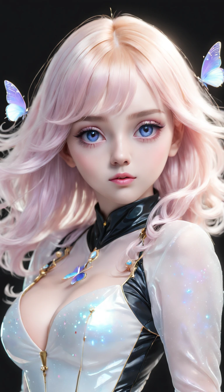 Highest quality,The perfect masterpiece,Perfect artwork,official works,8K,, (butterflys), purpleish color,Pink big breasts,blue colors,golden colored,Close-up Shot Shot,Delicate face,, 17 years old,White-haired girl,(whaite hair:1.5),Short and medium hair,((White transparent eyes:1.5)),(White dress:1.2),(Transparent clothing:1.2),(Black background:1.3),, Pearl hallucination,Cyberpunk,fashionable and trendy,3S Material,k hd,detail representation,C4D,。.3D,Octane rendering,Ray tracing,Complex details,animation lighting,oCrenderer,