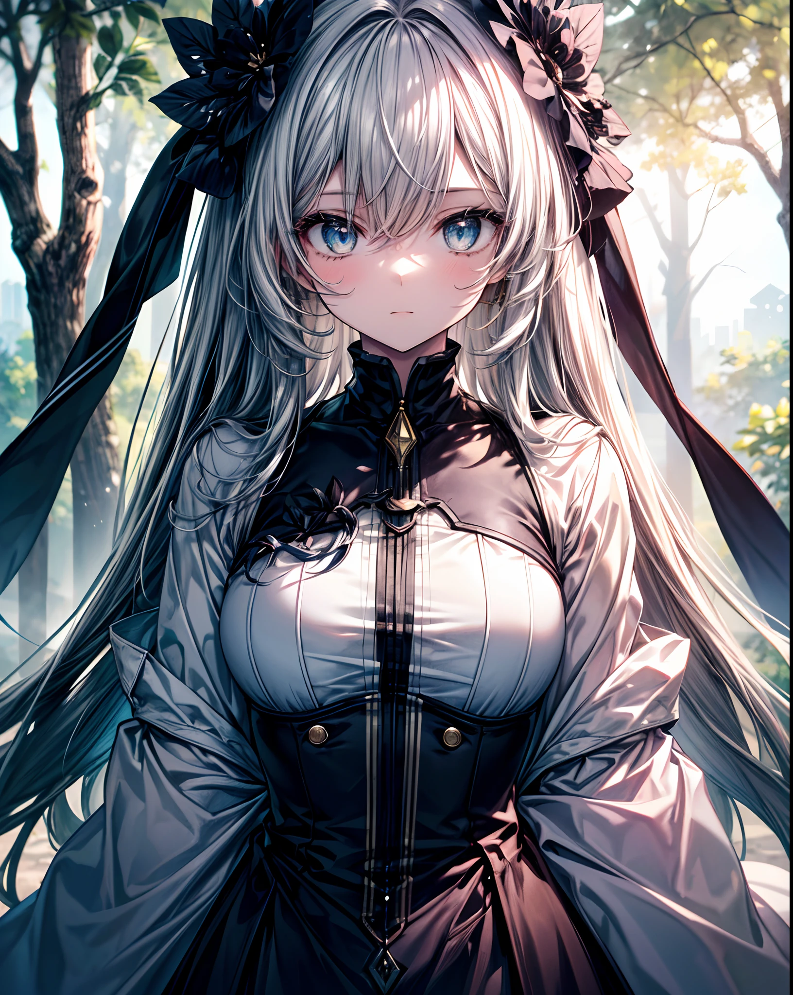 (best quality:1.2,highres:1.2),1girl,luminous eyes,(low exposure),black and white tone,ornaments,top view,under the shade of trees,(mech upper body),