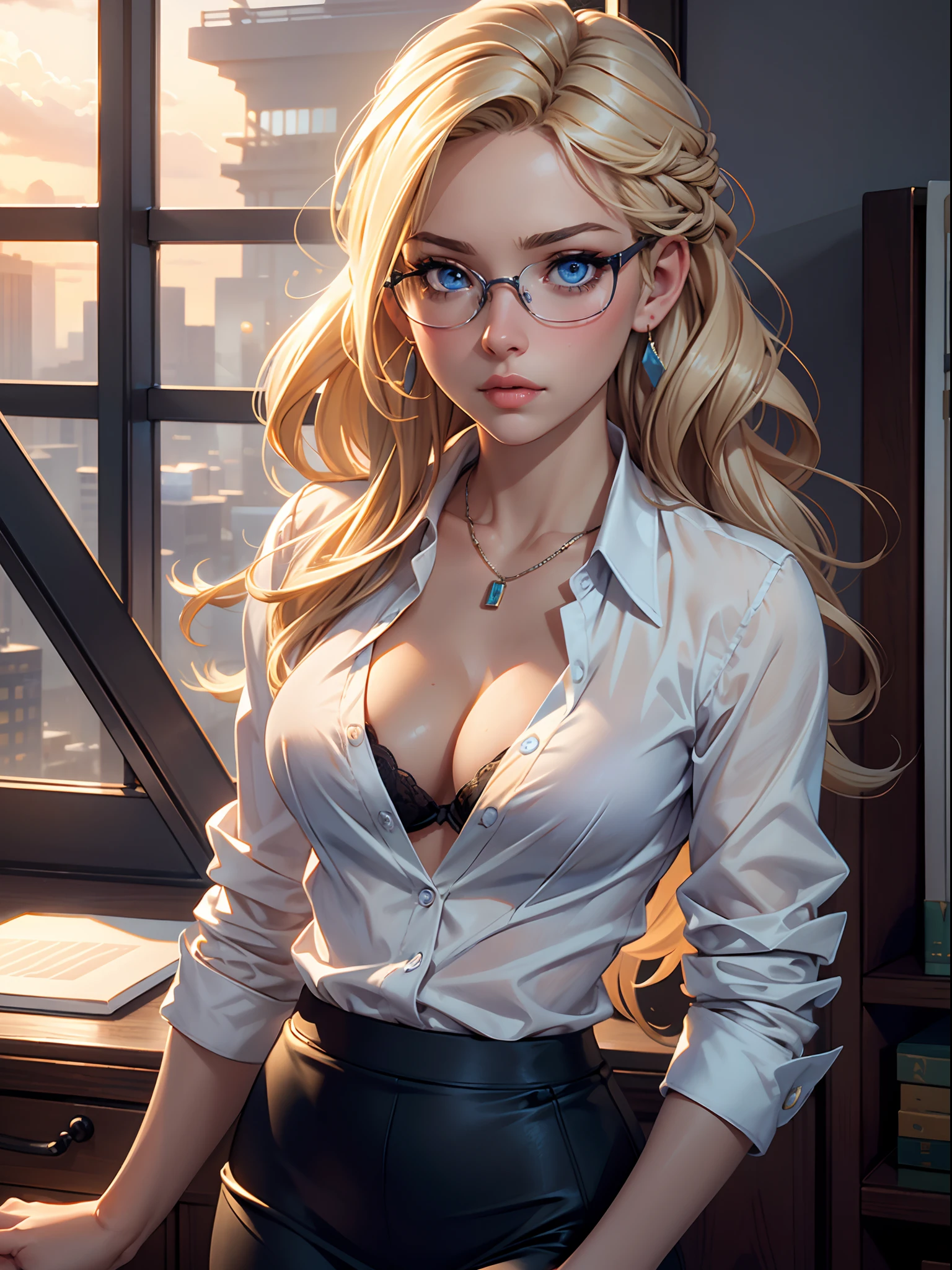 (​masterpiece), (top-quality), sunset, natural lights, ,(realistic:1.5), 1girl, long hair, slim, eye contact, detailed eyes, earrings, necklace, , detailed modern day office in background, tight pencil skirt and glasses,naughty secretary,  and playful office fantasy, unbuttoned silk_shirt, bra, fitted jacket, cleavage, , upper body, mid shot, masterpiece, detailed, mature, bright colors, high saturation, stunningly beautiful girl, blue eyes, blonde hair, wavy hair, precise hands, confident look、determined expression,, Clear eyes, Shining eyes,, ultra-definition, Top resolution,  soft lightning