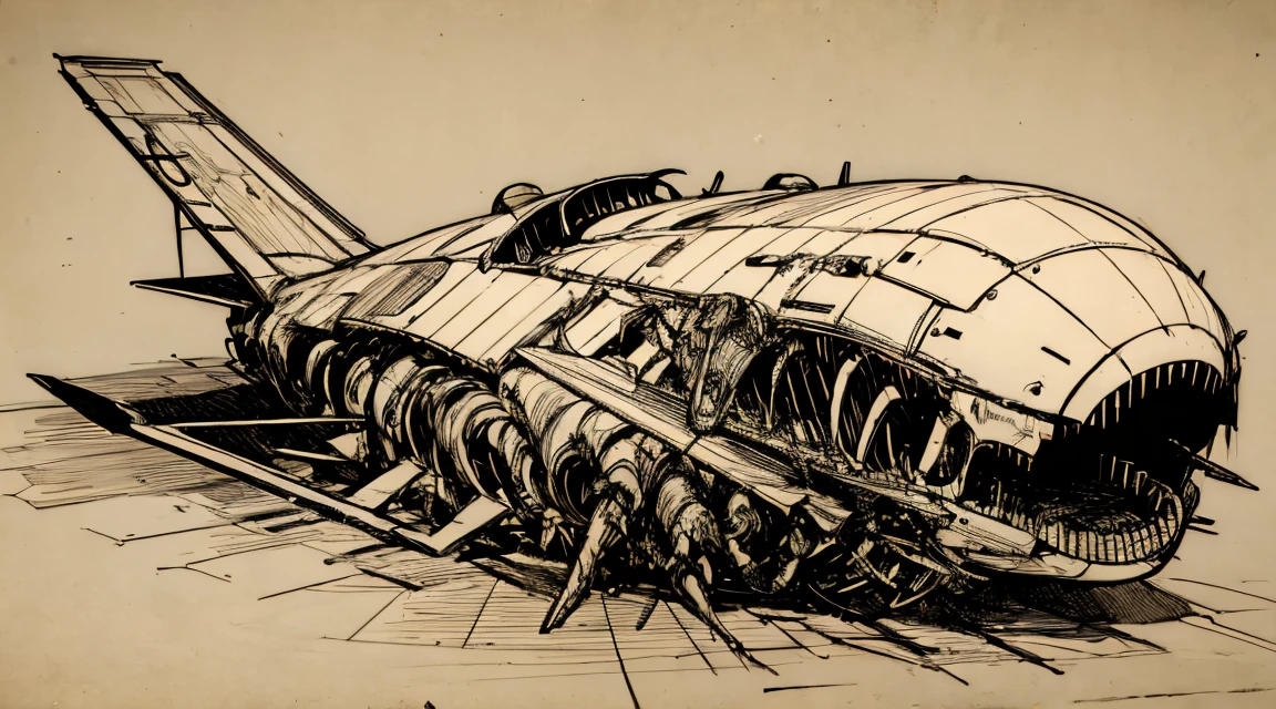 Sketches of a monster who is disguised as a plane autopsy