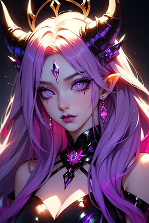 lilith, Enchanted Demon Queen. Her presence is、Emitts a dark grace and powerful aura. Render her flowing, Black to purple ombre hair flowing down the back, Shimmering with otherworldly luster. Her skin, Striking shades of gray, Adds an air of mystery to her appearance. Lilith's horn, Perfectly symmetrical, Her hall々and assemble the face in a complex and attractive design. Although she lacks a crown, Her inherent majesty is undeniable. She has ombre purple eyes, Her pupils slit. When she stands in a dark area, Summons her black magic powers, The essence of her overwhelming presence and、Capture the enigmatic charm that defines this enchanting demon queen.