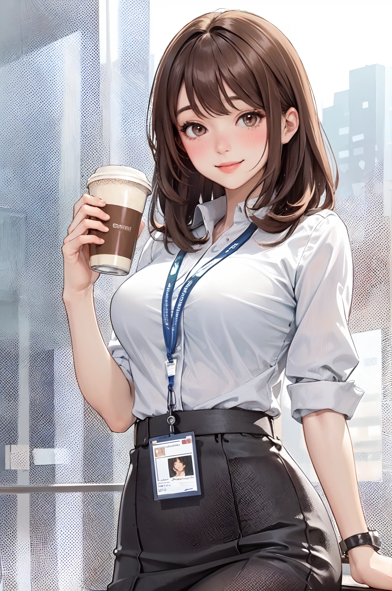 1lady standing, holding a coffee cup, office worker outfit, /(id card lanyard/), mature female, /(dark brown hair/) bangs, blush kind smile, (masterpiece best quality:1.2) delicate illustration ultra-detailed, large breasts BREAK /(modern office indoors/), window skyscraper