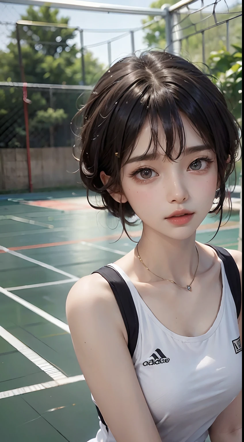 Female badminton player(1.5),Correct human anatomy:1.5),tmasterpiece,top-quality,super wide shot(1.5)(realistically:1.4),(RAW photos:1.4),Very delicate CG Unity 8K wallpaper,very delicate beautiful,Mann pays attention to detail,offcial art,(Beautiful eyes and face:1.5),Beautiful exquisite eyes,There is light on the face,one-girl,Short hair details,(Full body like:1.5),Badminton sportswear(1.5), Badminton competition venue,