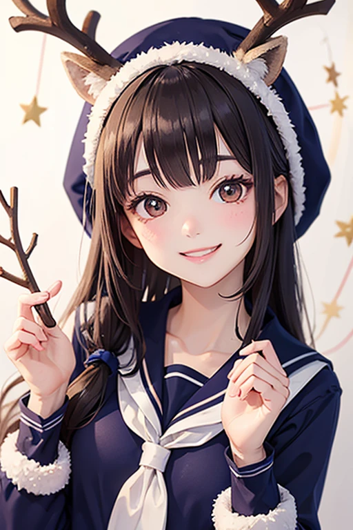 Smiling dark-haired girl in sailor suit with reindeer hat