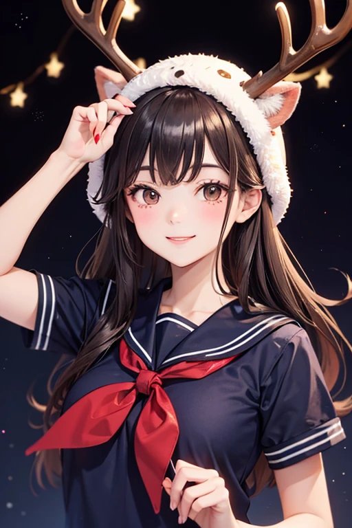 Smiling dark-haired girl in sailor suit with reindeer hat