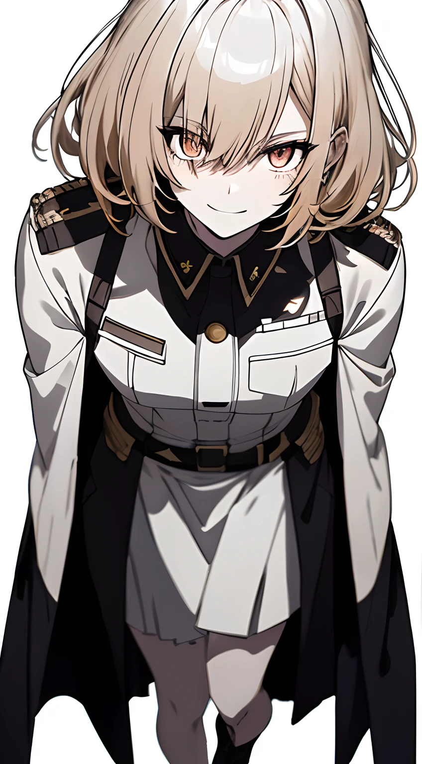 Full body, White one-piece military uniform, Jet black head of hair,(masutepiece:1.2, Best Quality), (finely detailed beautiful eye: 1.2), (beautifull detailed face), High contrast, (Best Illumination, extremely delicate and beautiful), ((Cinematic Light)), Dramatic light, Intricate details,dark orange eyes, Shining eyes,Short stature, Smaller chest、Belt under the chest、White military uniform, White skirt,blonde  hair, Black tie,  (Pale white background:1.5), Wolf cut hair, accurate hands, Look at me and smile, ruddy skin