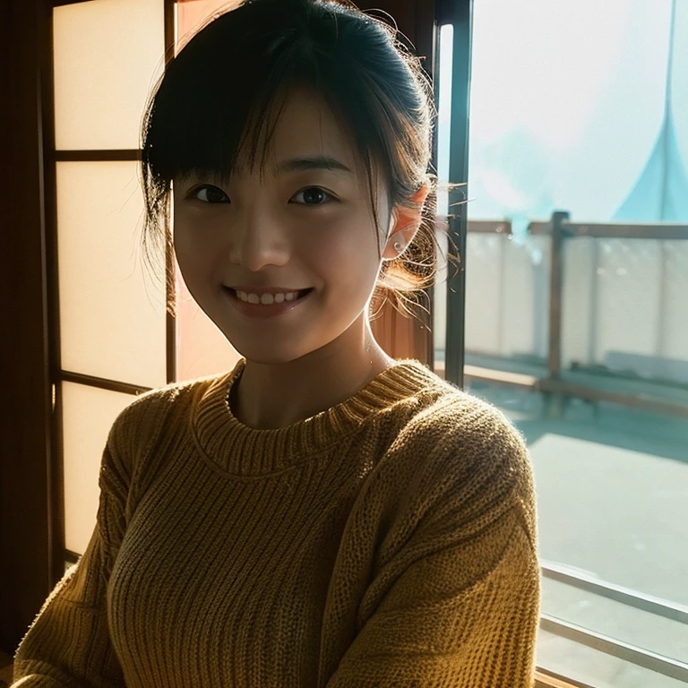 1 woman, Average Japan, Beautiful, ((Upper body selfie, Happy)), Shot in the bedroom, Beautiful backlight, Show Tent Opening,masutepiece, Best Quality, Ultra-detailed, Solo, (Night), Cheerful, Happy, shadowy, Contrasty, crystal clear skies, analog style (look at viewr:1.2) (Skin Texture) (Film grain:1.3), (warm hue, warm tone:1.2), close up, Cinematic Light, side lights, 超A high resolution, Best Shadow, raw, Upper body, wearing pullover, Relaxed and intimate shots,