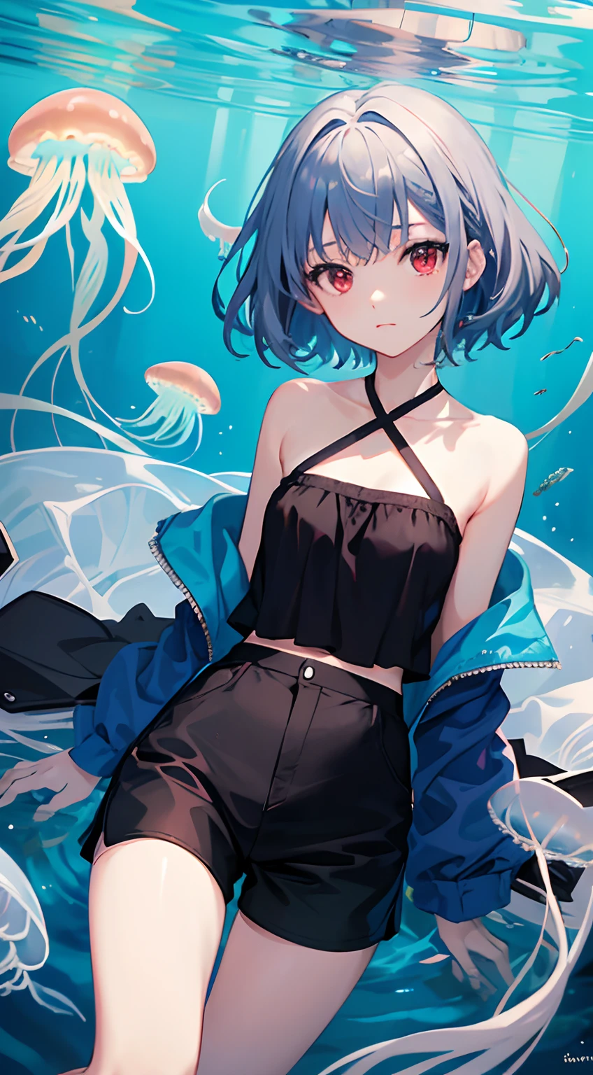 masterpiece, 1girl, solo, looking at viewer, ung and gorgeous girl, light blue hair, light blue eyes,beautiful eyes, gothic, smile, ((full body)), (((no background))), transparent background, welcome, short pants, ((white background))