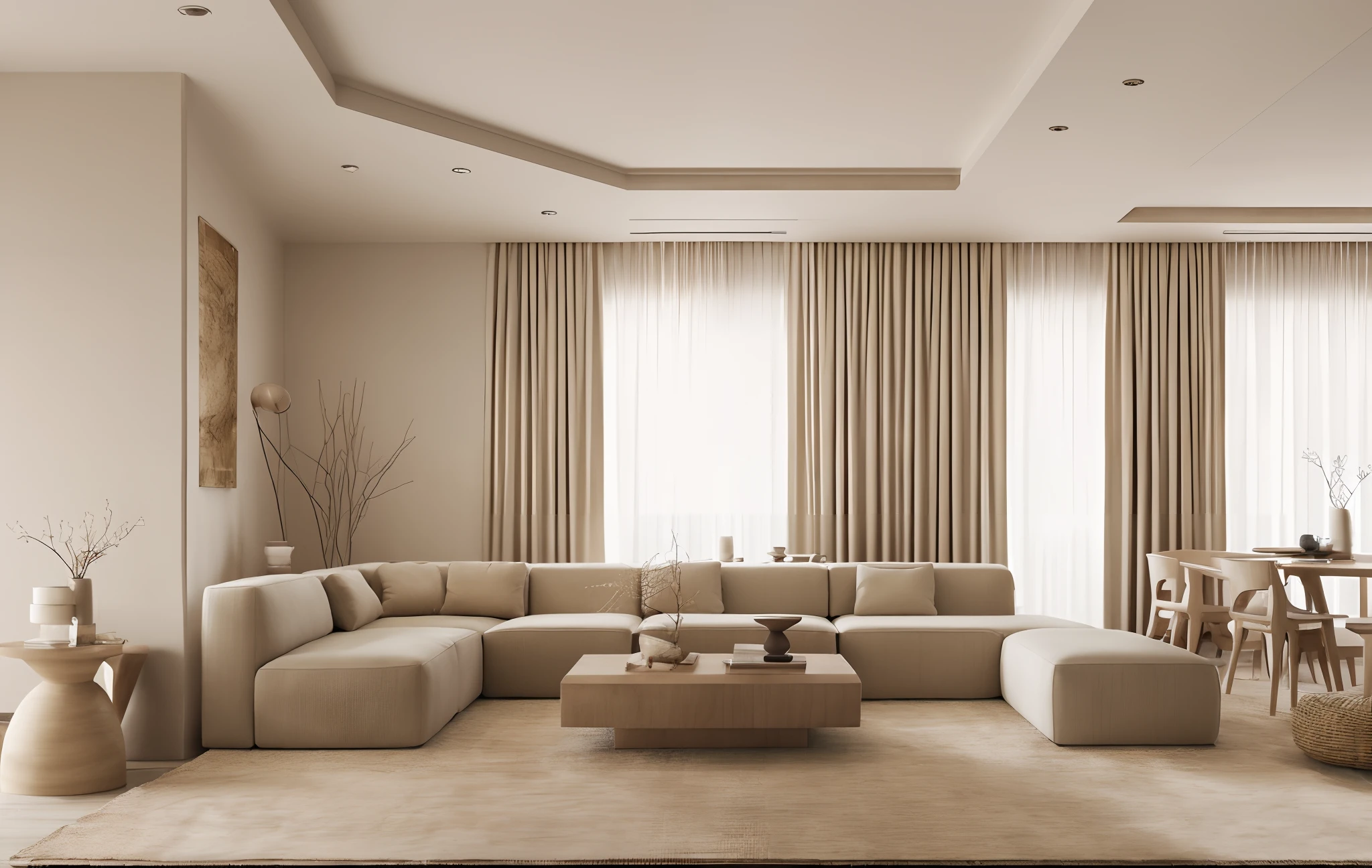wabi sabi livingroom interior, couch, sofa, armchair, drape, coffee table, window, natural light, beige color scheme, softlight