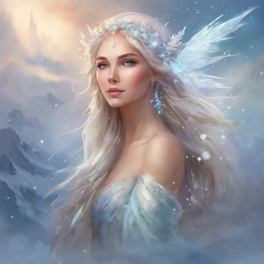 Portrait of a Young Woman, ice princess, with big ice crystals and snow in her hair, cool winter colors, brush stroke painting, ultra-offers HD quality