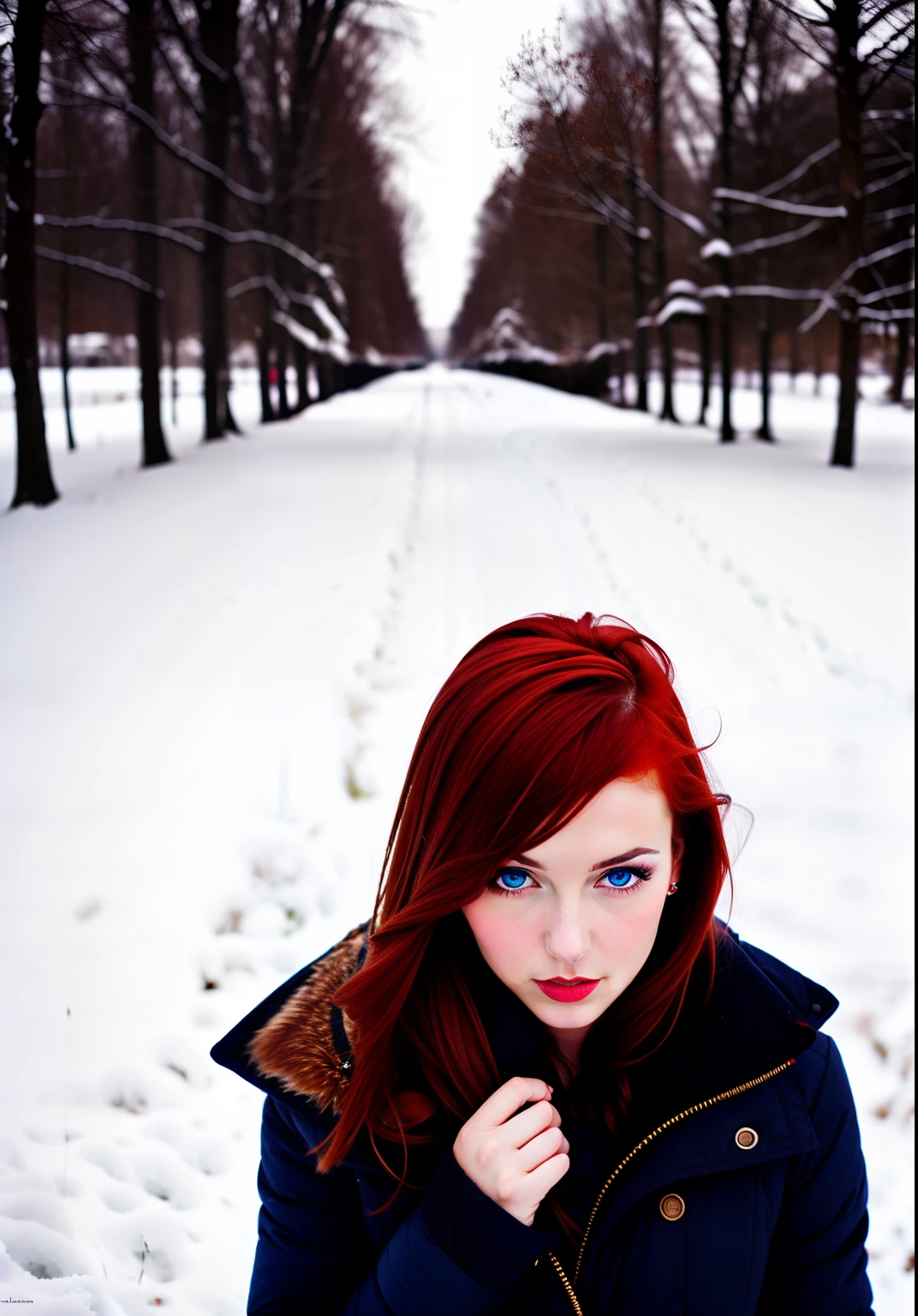 Stil, ModelShoot-Stil, Average color photo of a red-haired girl in the snow, blaue Augen,natural red hair,sexy,lange Beine,supersexy Pose,Sex