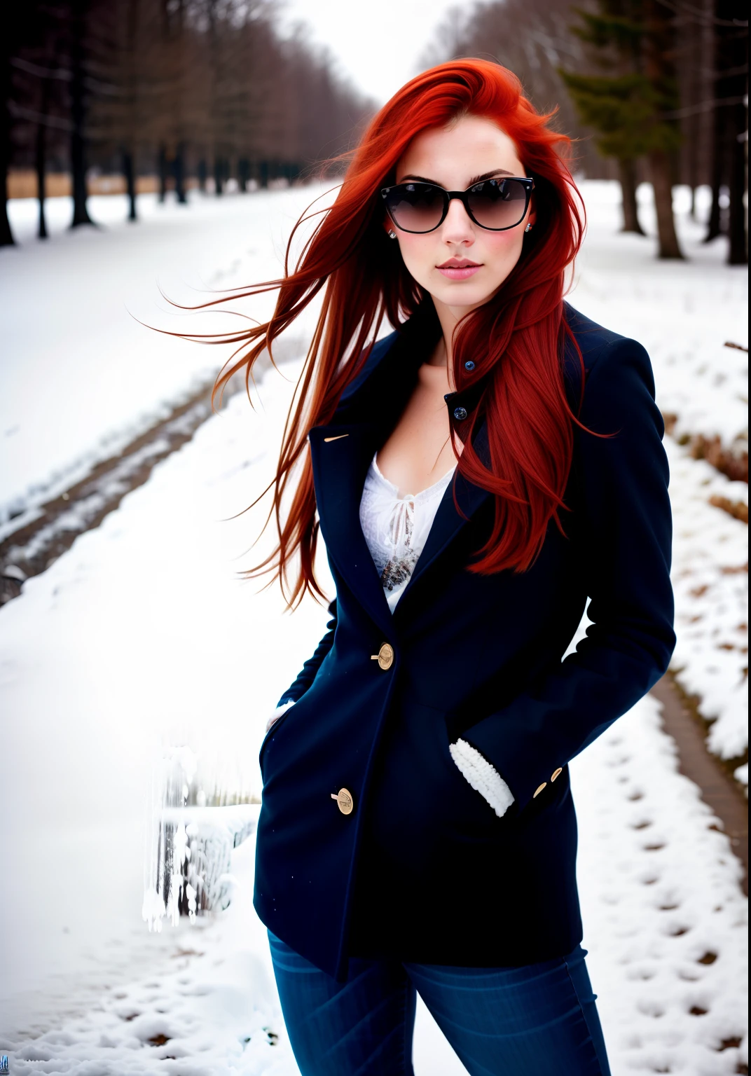 Stil, ModelShoot-Stil, Average color photo of a red-haired girl in the snow, blaue Augen,natural red hair,sexy,lange Beine,supersexy Pose,Sex