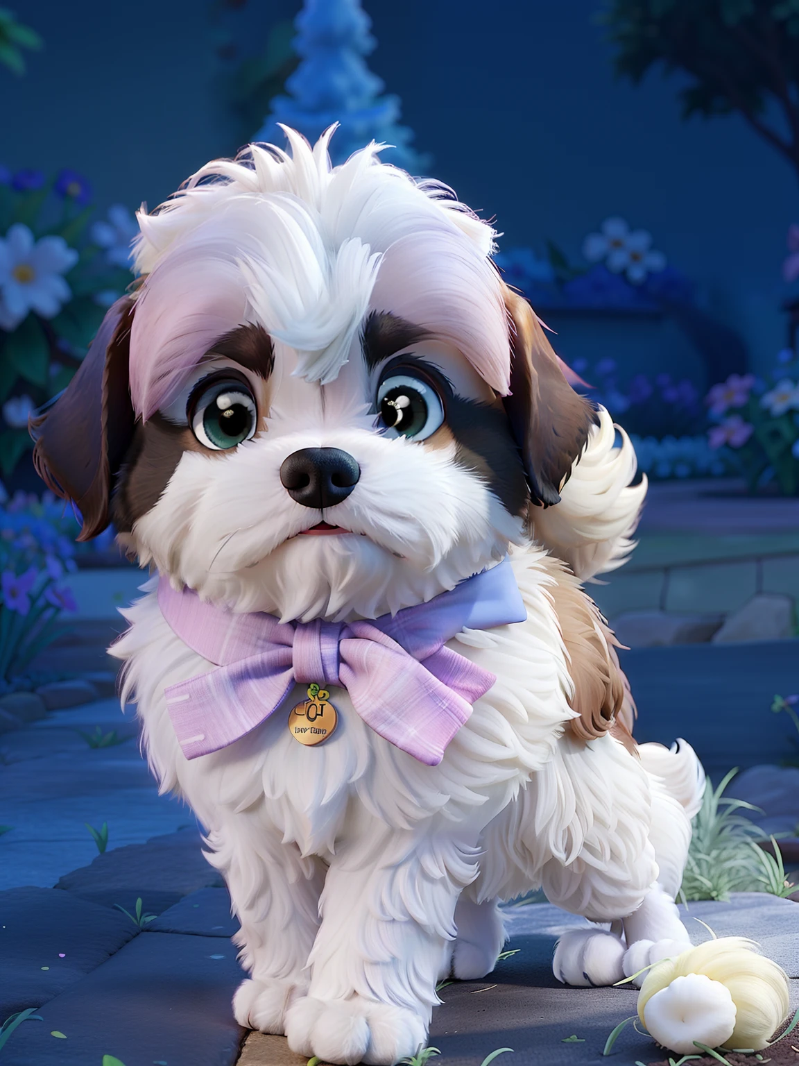 The poster is Disney Pixar style, high qulity, Better quality, Super cute Shih Tzu dog,With the garden as a backdrop
