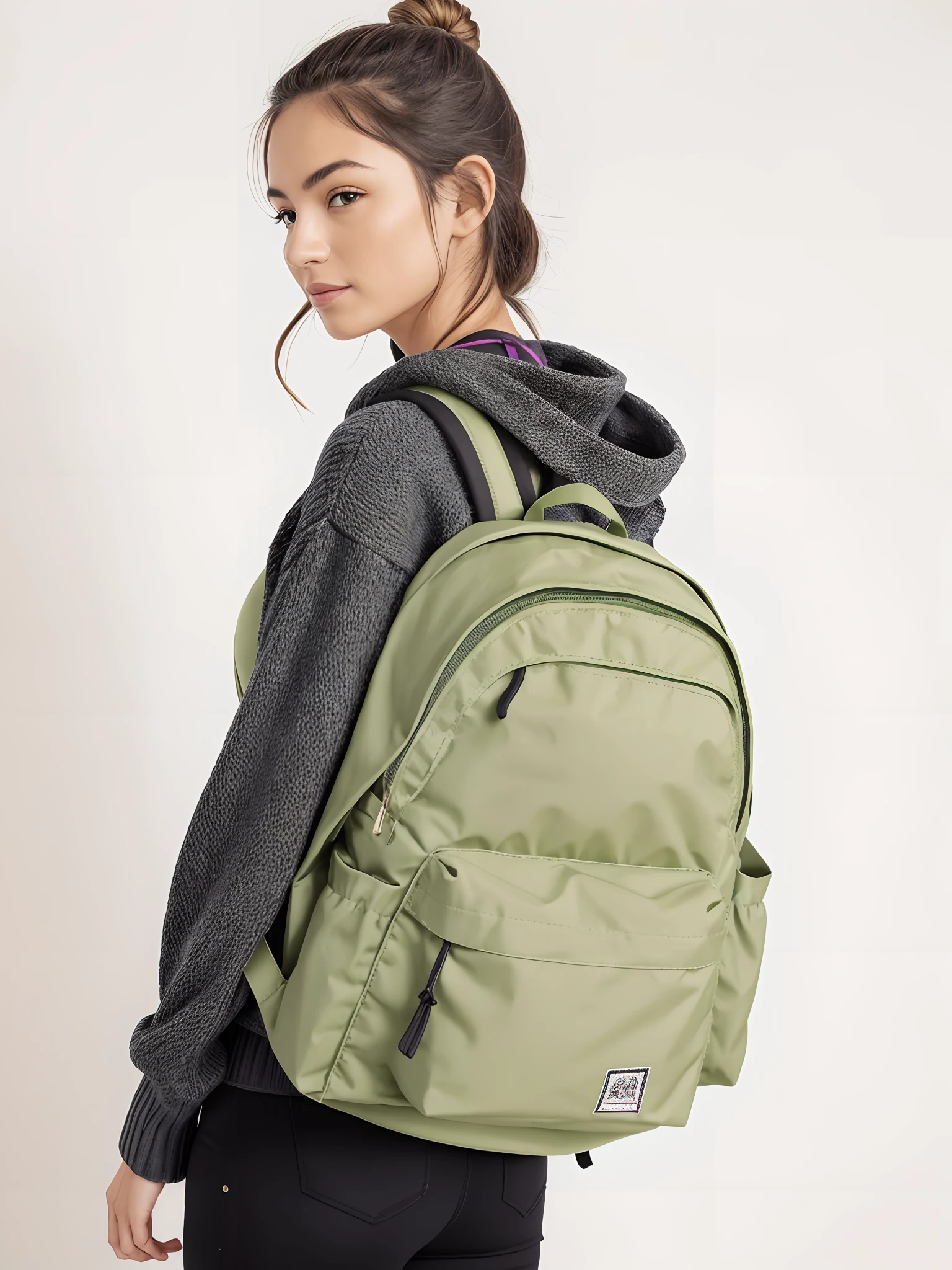 A woman wearing a backpack and a sweater stands, mochila, com dois bolsos frontais, azeitona, com uma mochila, uma mochila, sage green, verde oliva, utilitarista, utilidade, Sacos, 3/4 vista frontal, o homem tem uma mochila, bege, #verde, mochila escolar, versatile, Vivid), Velvia, Seraphine