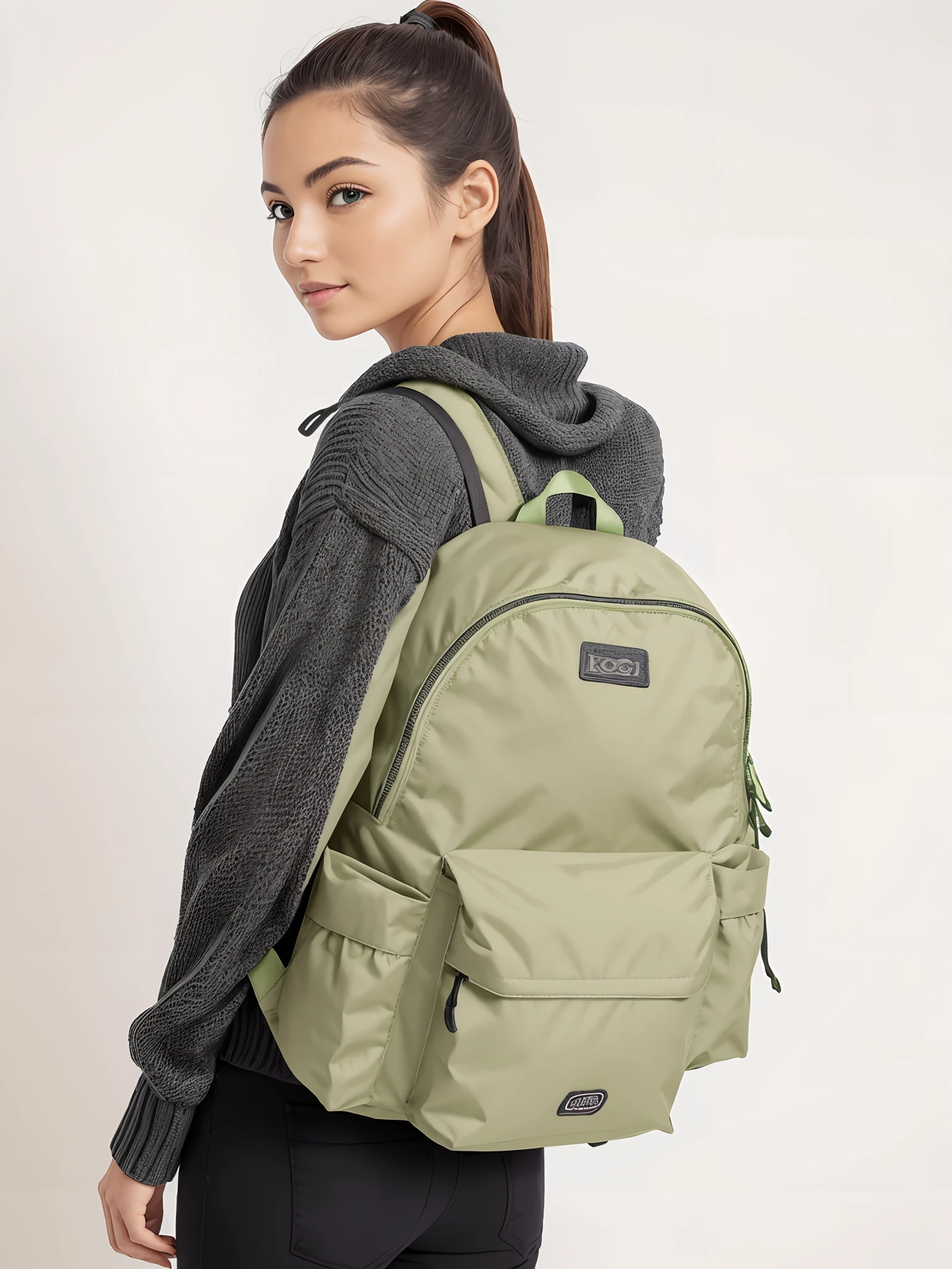 A woman wearing a backpack and a sweater stands, mochila, com dois bolsos frontais, azeitona, com uma mochila, uma mochila, sage green, verde oliva, utilitarista, utilidade, Sacos, 3/4 vista frontal, o homem tem uma mochila, bege, #verde, mochila escolar, versatile, Vivid), Velvia, Seraphine