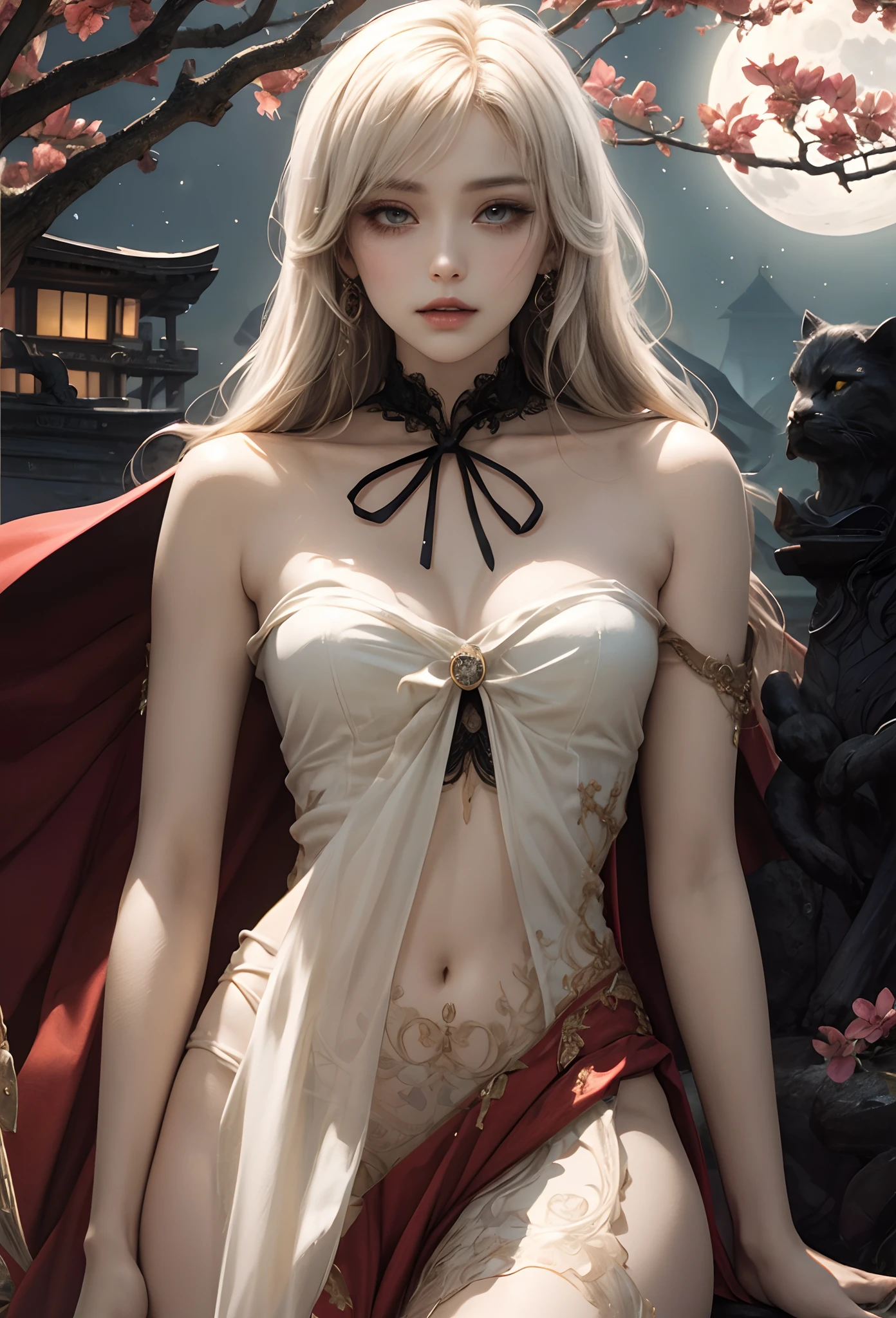 (Detailed illustrations,Very detailed and detailed drawing,Delicate lines with slow and rapid,Realistic texture expression),[Color tressed main line],(Midnight Ruins [An old stone castle with moonlight leaking]) fullmoon,(Vampire JapaneseGirl (Beautiful fece) [Beautiful but sickly face Sunken eyes] Skinny 13 years old) ((Bare legged)) [Delicate and bony figure] [[Straight cropped bangs]] Beautiful straight long hair [black cat],(Beautiful skin shining on the moon [pale skin]),(Long Cape in the dark [Ribbon lace embroidery]),[gravure [Ephemeral Melancholy]] [rays of moonlight [Tindall Effect]] [[sitting]],[Dark Fantasy],(Intricate and beautiful decoration [Dense detail]),(Fine and beautiful skin expression [Transparency]),[Perfect eye details (Iris beautifully drawn in every detail)[Jewel-like eyes]],[long and beautiful eyelashes],[Meticulously drawn hair [More on beautiful and shiny hair]],(Perfect hand details [Beautiful fingers without breakdowns [Beautiful nails]]),(Perfect Anatomy(Perfectly proportioned))[[Full body like]],[Ideal color coordination(Accurate simulation of light-material interactions)],([Precision Detail](detaileds,high-detail)),[Visual art that conveys a sense of narrative] [[Eros in the Natural Body]].