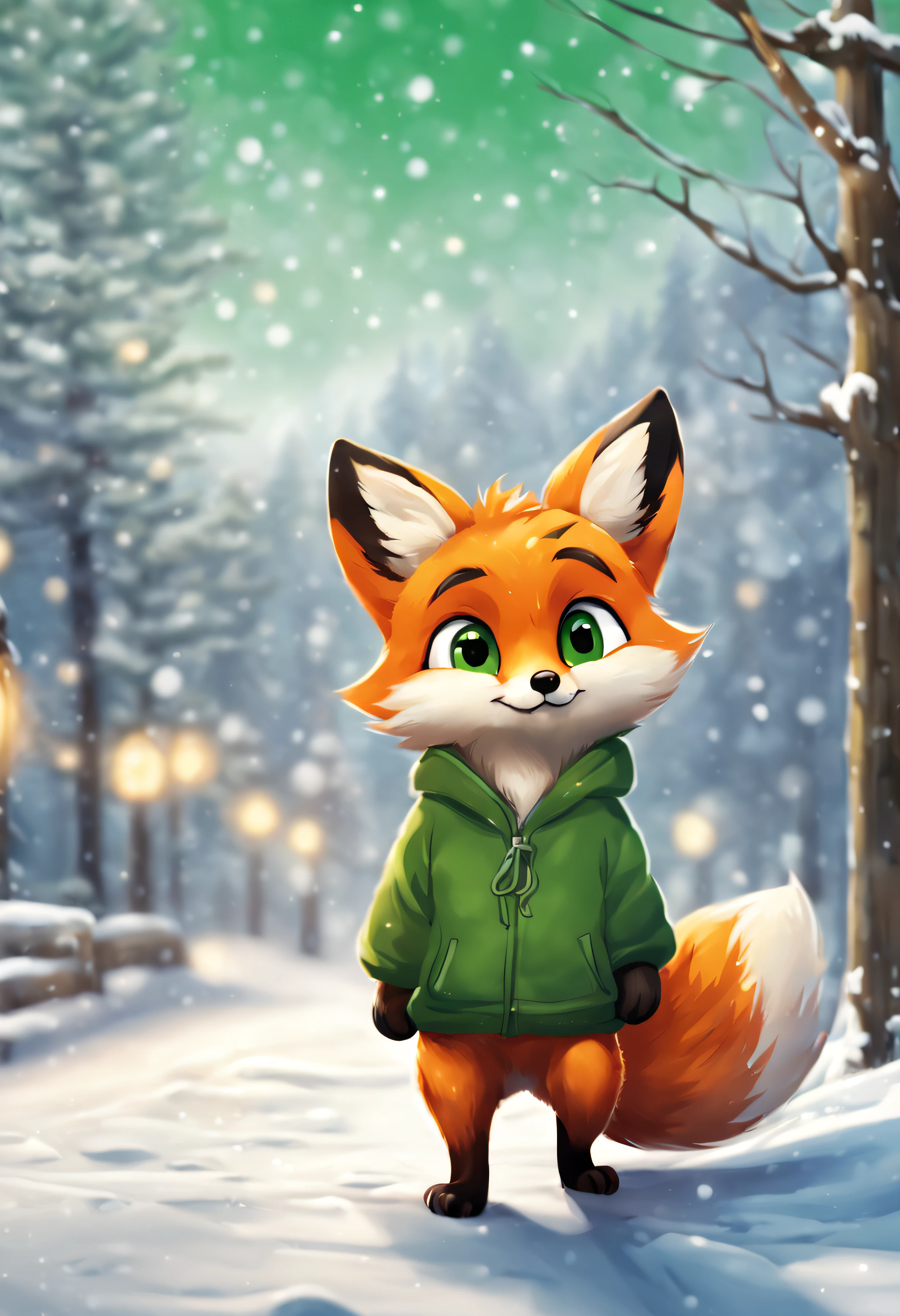 A cute little fox with green eyes and a green hoodie. The picture looks like the work of the Makoto Shinkai. A cute fox is walking on a snowy road. fox is looking at the sky on a winter willage. the morning landscape. Fox is far in the picture. Fox is small, lovely, cute and happy. Fox is smiling. Fox is small, high quality, cute and lovely image, high details, 8k image, fox have a green hoodie cinematic image, winter, snow, fox have a red beanie, christmas village, fox is wearing headphones, foxes eyes are closed, christmas, the fox lies in the snow (best quality), green eyes