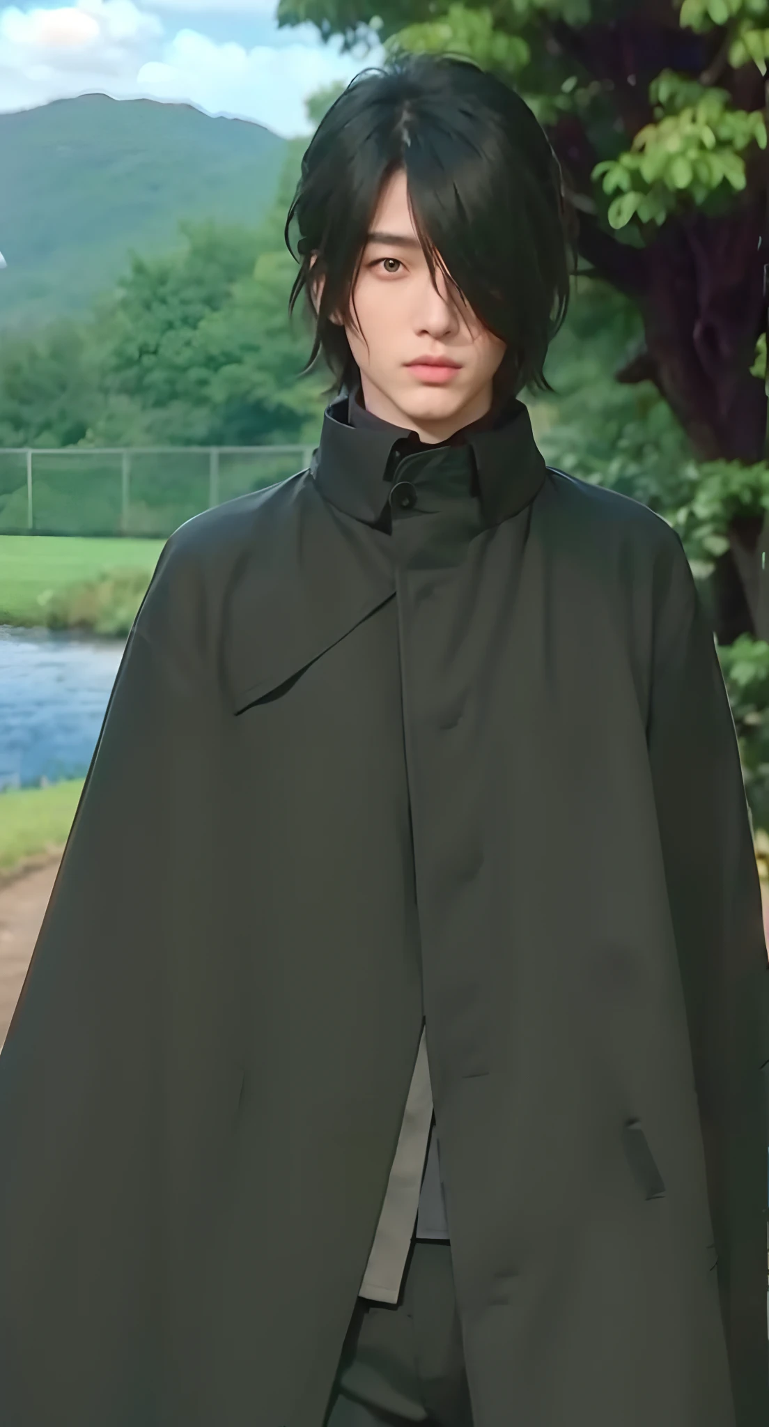 Real life adaption of this character, handsome,realistic same hair, (realistic same outfit wear realistic black coat), realistic same background , realistic light, realistic shadow, realism, hyper realistic,(photorealistic:1.2)