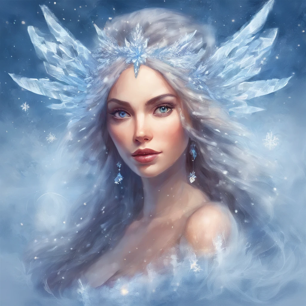 Portrait of a Young Woman, ice princess, with big ice crystals and snow in her hair, cool winter colors, brush stroke painting, ultra-offers HD quality