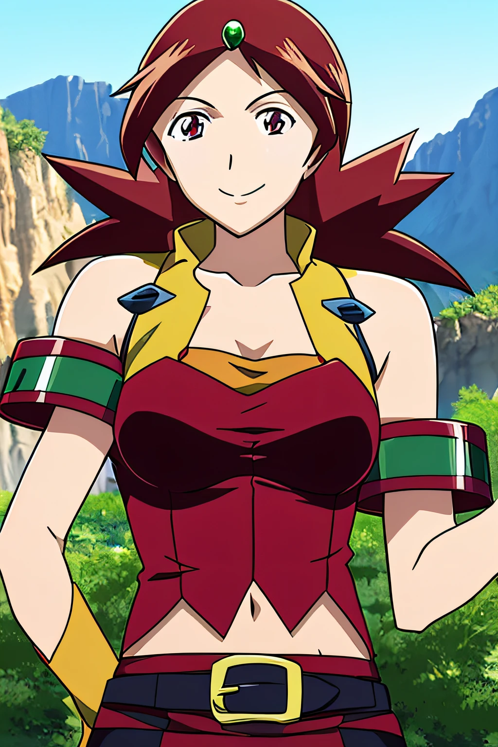 Naomi Fluegel, red hair, spiky hair, red eyes, yellow gloves, red thighighs, thighs, green hair ornament, arm bands, exposed shoulders, large breasts, red high heeled boots, navel, legs, zettai ryouiki, 1girl, solo, upper body, facing viewer, looking at viewer, smile,