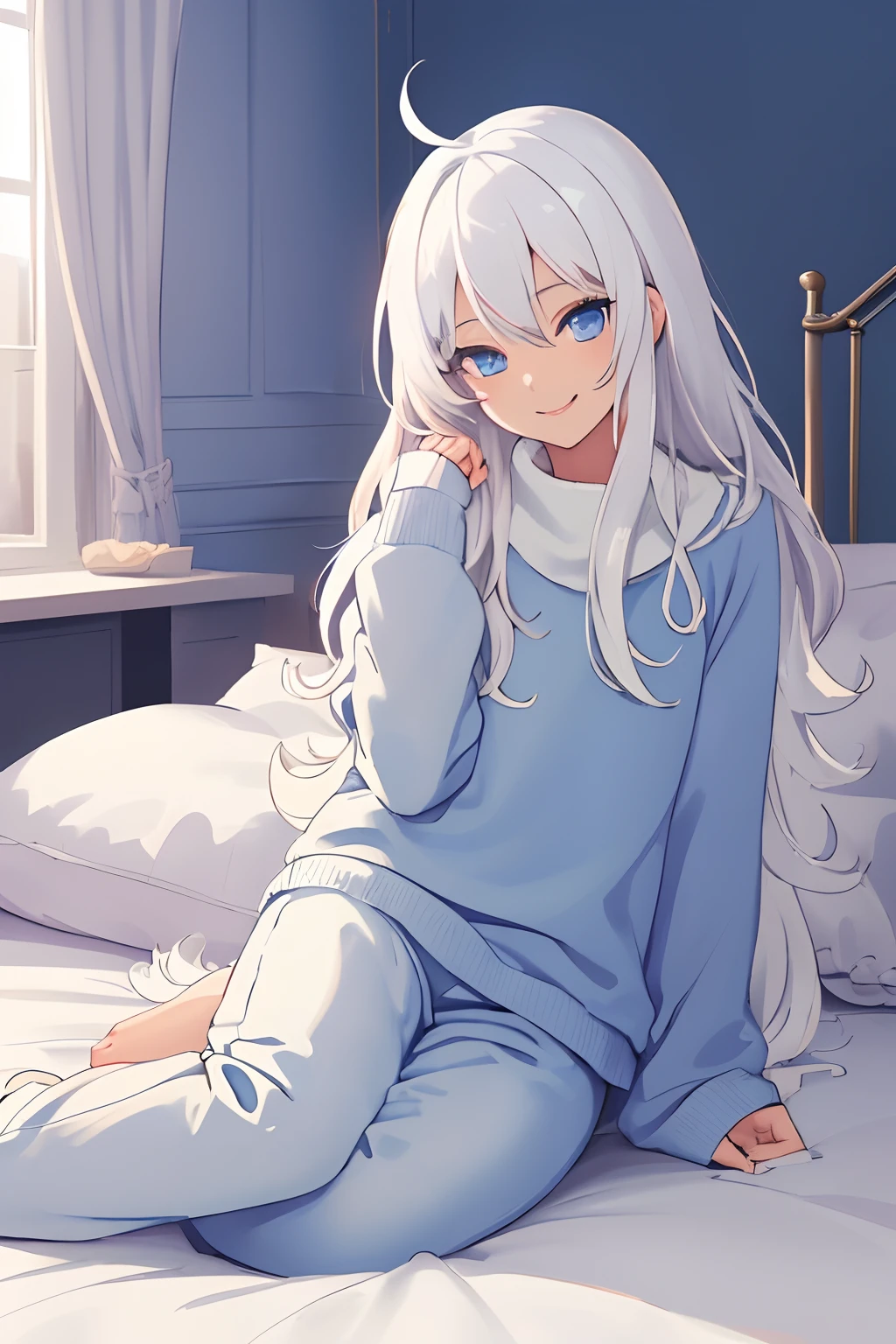 Chica anime, ((Masterpiece), (Best Quality)) (super detailed), ((((solo)))), fullbody, ((((white hair)))), long hair, ((((blue eyes)))), sleepy, smile, 18yo, pajamas, fluffy sweater, Hip Length, sleeves_past_wrists, bed room, on the bed, night, lying