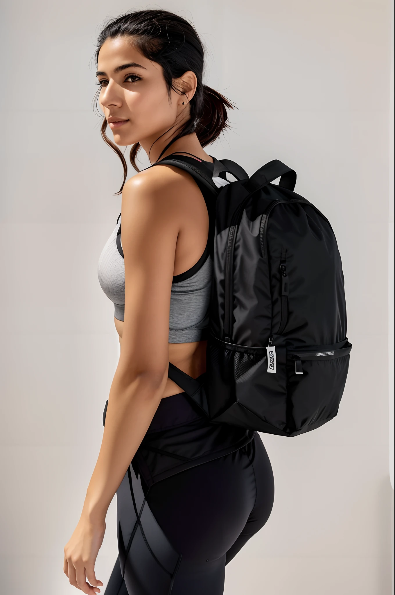 araFed woman in a sports bra top and black pants with a backpack, com uma mochila, uma mochila, mochila, Minimalista moderno f 2 0 limpo, F / 2 0, Minimalista moderno F 2 0, F / 3 2, f 3 2, F32, o homem tem uma mochila, saco sobre a cintura, 2b, 2 b