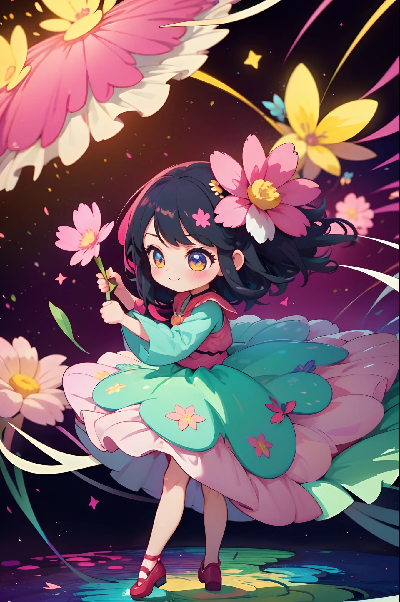 Extremely detailed,(Fractal Art:1.1),(Colorful:1.1)(Flowers:1.3)、 (Dynamic Pose), (Abstract background:1.3)、(Many colors:1.4)、Place one small doll on a circular stand、kawaii pose、A smile、A dark-haired、Chibi Doll、Stars in the eyes(kirakira)、Singing with microphone in hand、Eye Up、Laugh、Cute red shoes、Ultra Detail, radiant light、bio luminescent、Stronger bokeh effect、Taken from the side