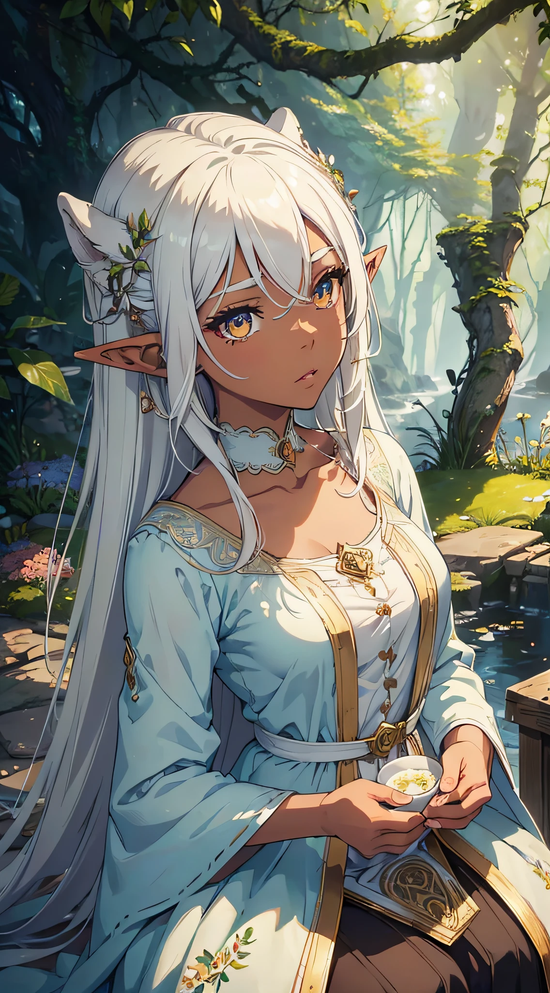 (highres,masterpiece:1.2),ultra-detailed,realistic,anime,elf girl,dark skin,white hair,partially shaved head,very detailed facial features,long eyelashes,vibrant colors,expressive eyes,wispy strands of hair,fierce look,elven ears,dainty nose and lips,detailed clothing,floral patterns,ethereal and mystical atmosphere,forest background,dappled sunlight,soft and warm lighting