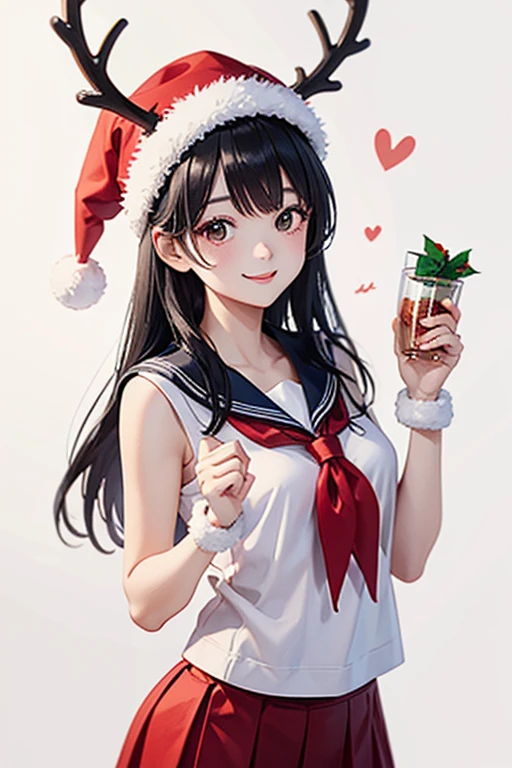 A smiling black-haired girl in a white sailor suit wearing a Santa Claus hat with reindeer antlers