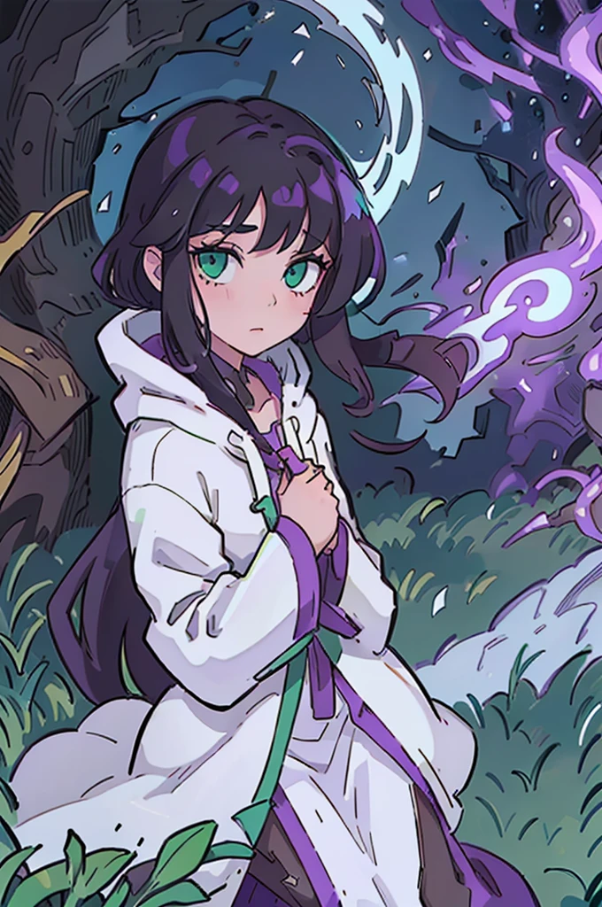 Woman necromancer mage, black hair, white skin, green eyes, kind look, wears purple robes with a hood, in the background there is a beautiful meadow.
