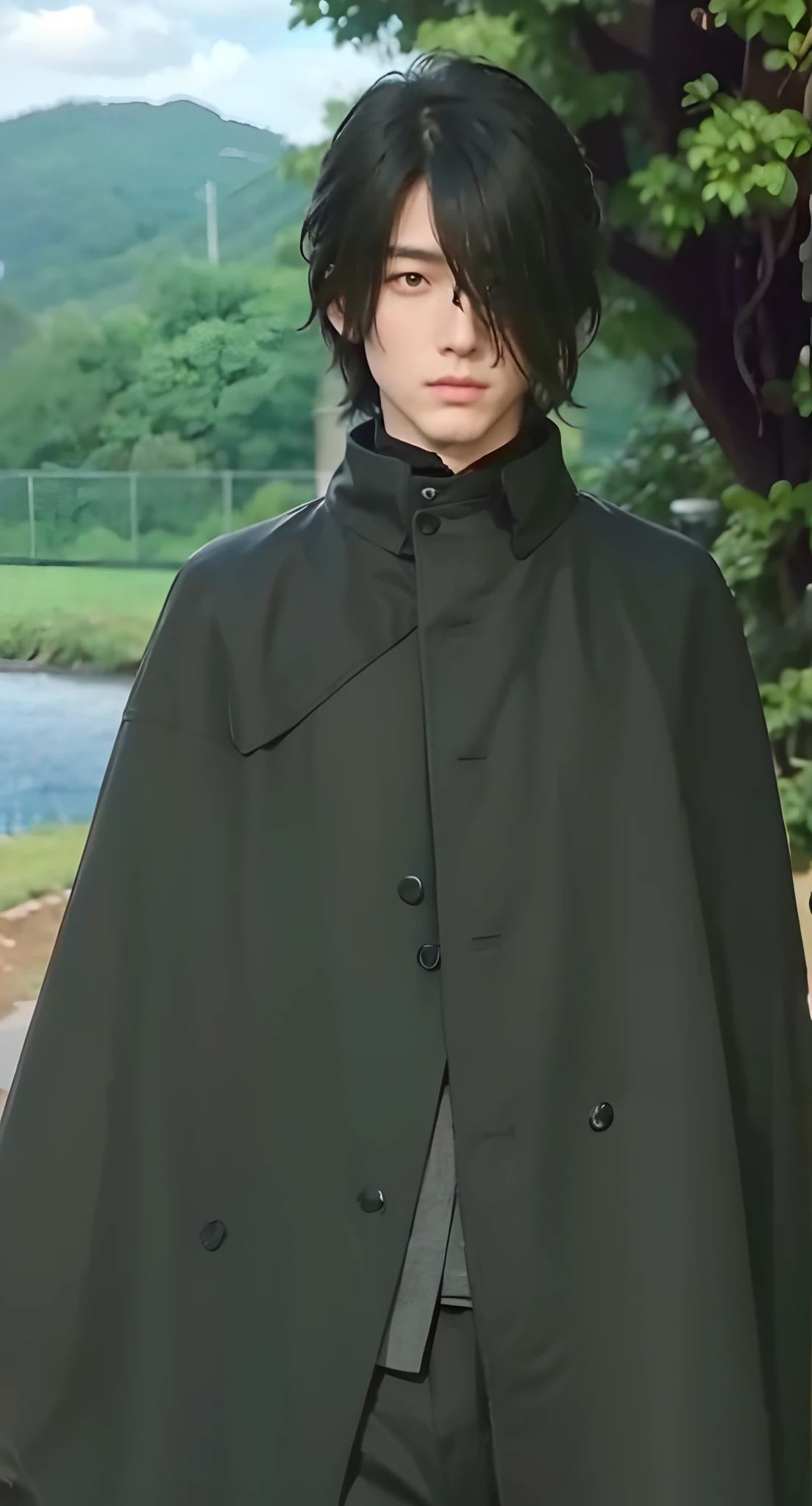 Real life adaption of this character, handsome,realistic same hair, (realistic same outfit wear realistic black coat), realistic same background , realistic light, realistic shadow, realism, hyper realistic,(photorealistic:1.2), villain expression