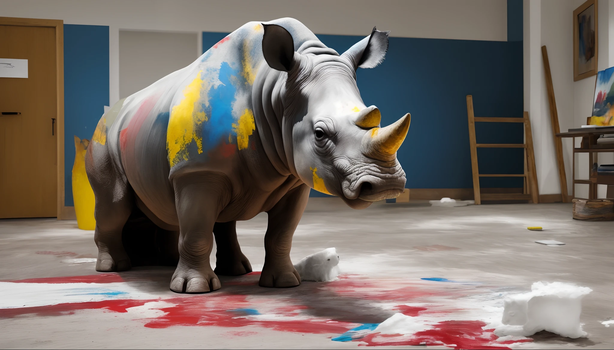 A rhino with artistic tools, painting a canvas

medium:pencil,watercolor,oil painting,canvas,sketching,detailed artwork
additional details:color palette,brush strokes,easel,palette knife,art studio
image quality:(best quality,4k,8k,highres,masterpiece:1.2),ultra-detailed,(realistic,photorealistic,photo-realistic:1.37),vibrant colors
art style:realism,wildlife art,animal portraiture
color palette:warm earth tones,rich browns and greens
lighting:warm natural light,highlighting the rhino's features