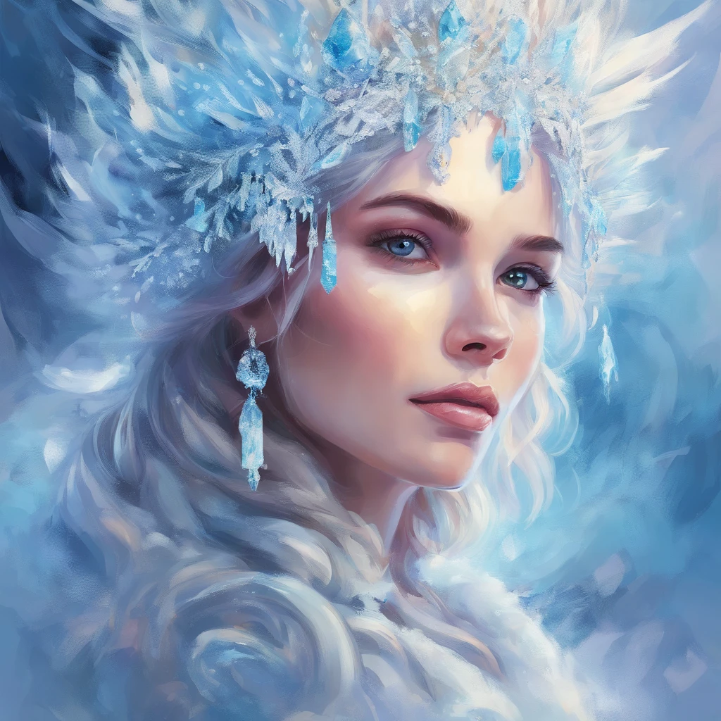 Portrait of a Young Woman, ice princess, with big ice crystals and snow in her hair, cool winter colors, brush stroke painting, ultra-offers HD quality