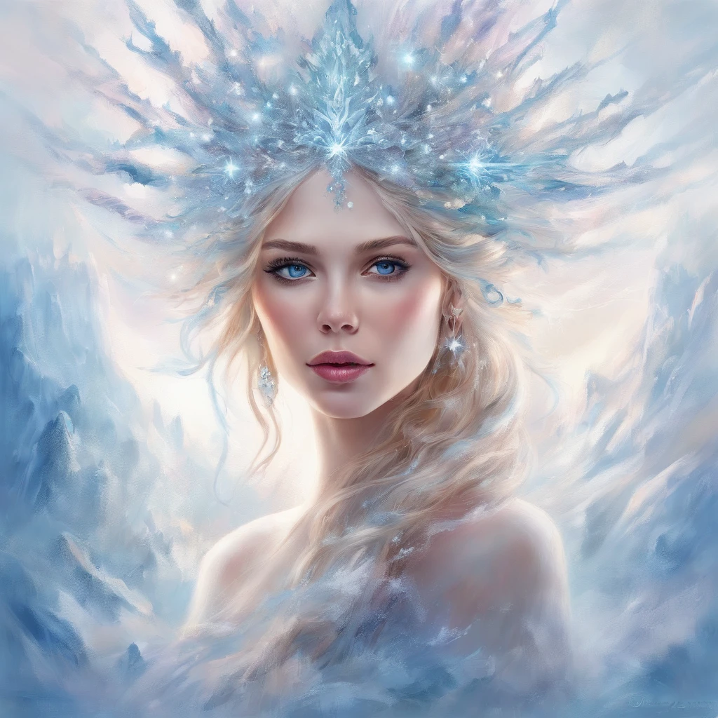 Portrait of a Young Woman, ice princess, with big ice crystals and snow in her hair, cool winter colors, brush stroke painting, ultra-offers HD quality