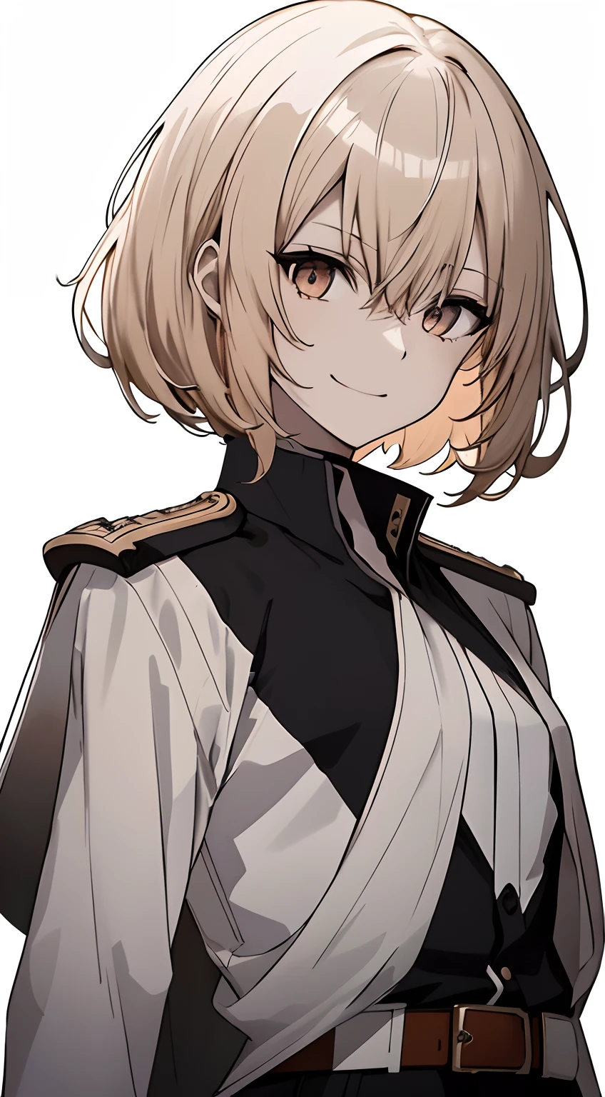 Full body, White one-piece military uniform, Jet black head of hair,(masutepiece:1.2, Best Quality), (finely detailed beautiful eye: 1.2), (beautifull detailed face), High contrast, (Best Illumination, extremely delicate and beautiful), ((Cinematic Light)), Dramatic light, Intricate details,dark orange eyes, Shining eyes,Short stature, Smaller chest、Belt under the chest、White military uniform, White skirt,blonde  hair, Black tie,  (Pale white background:1.5), Wolf cut hair, accurate hands, Look at me and smile, ruddy skin