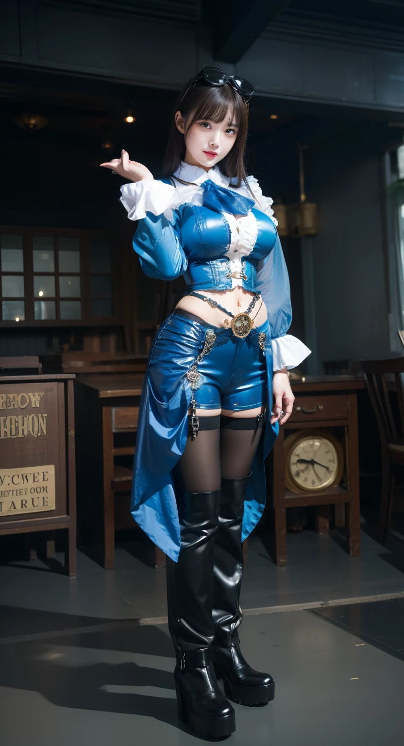 Young woman in steampunk fashion、Good Style、、Shiny blue clothes、、Idol face、large full breasts、goggles