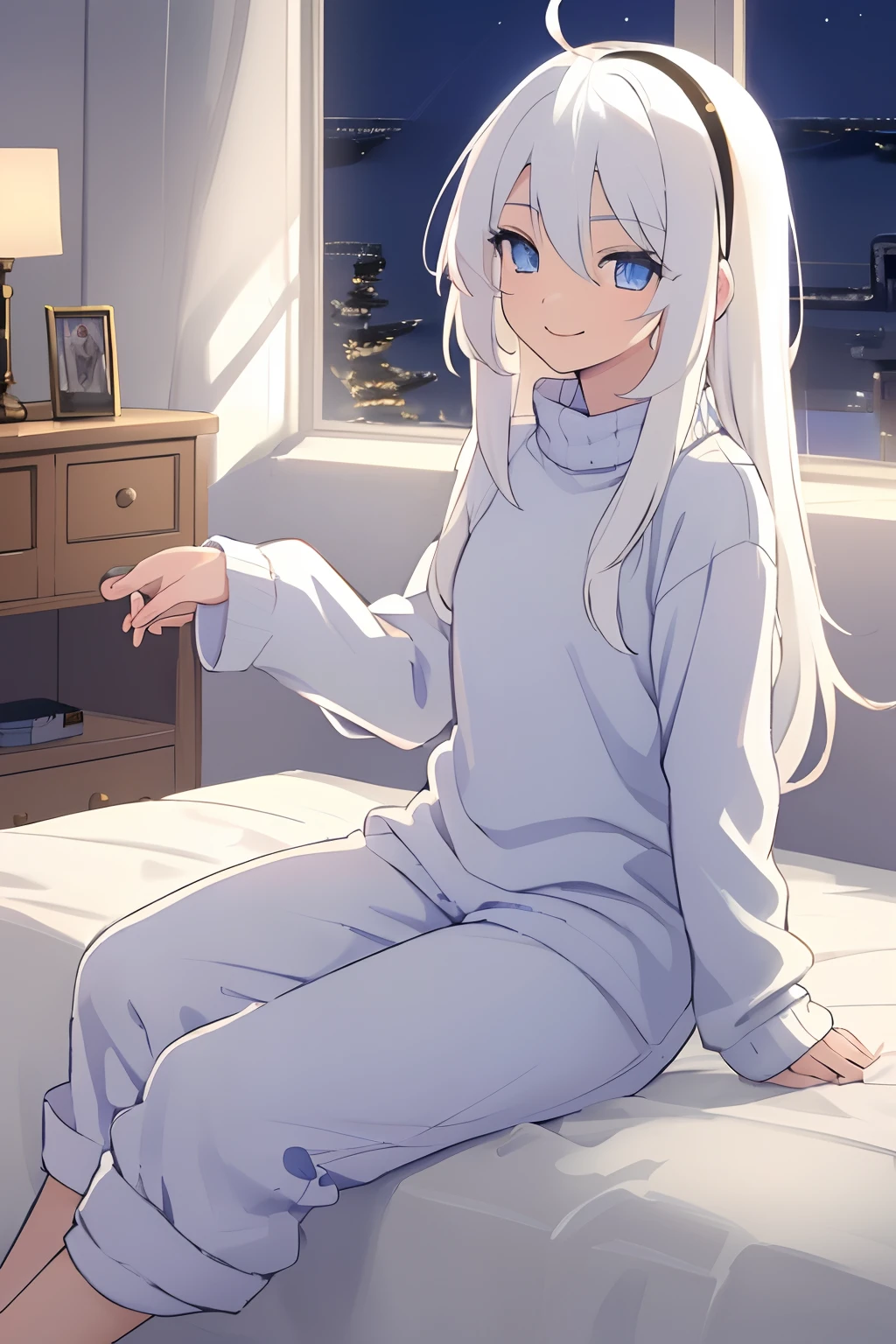 Chica anime, ((Masterpiece), (Best Quality)) (super detailed), ((((solo)))), fullbody, ((((white hair)))), long hair, ((((blue eyes)))), sleepy, smile, 18yo, pajamas, fluffy sweater, Hip Length, sleeves_past_wrists, bed room, on the bed, (((night))), lying