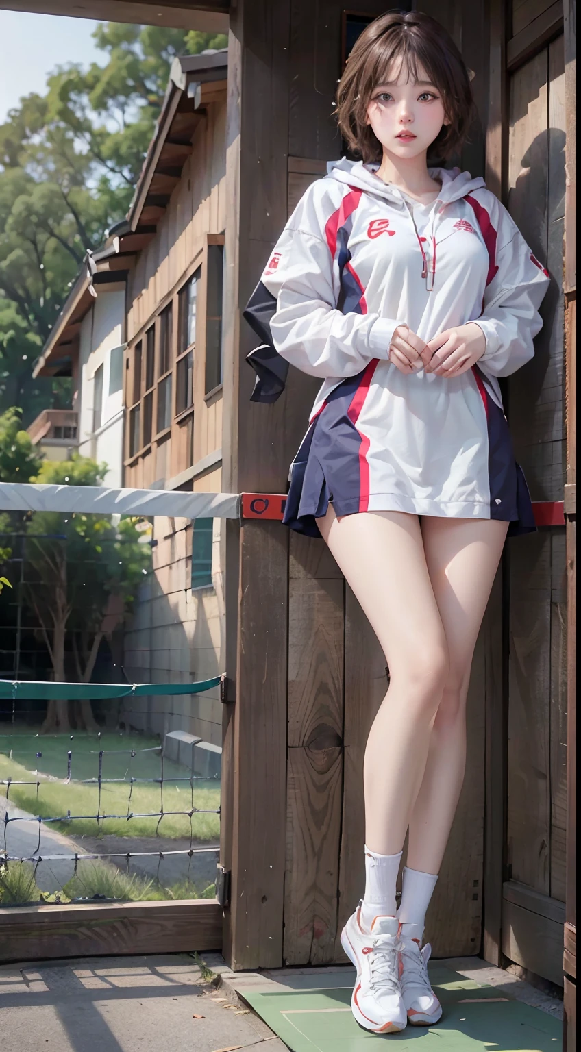 Female badminton player(1.5),Correct human anatomy:1.5),tmasterpiece,top-quality,super wide shot(1.5)(realistically:1.4),(RAW photos:1.4),Very delicate CG Unity 8K wallpaper,very delicate beautiful,Mann pays attention to detail,offcial art,(Beautiful eyes and face:1.5),Beautiful exquisite eyes,There is light on the face,one-girl,Short hair details,(Full body like:1.5),Badminton sportswear(1.5), Badminton competition venue,