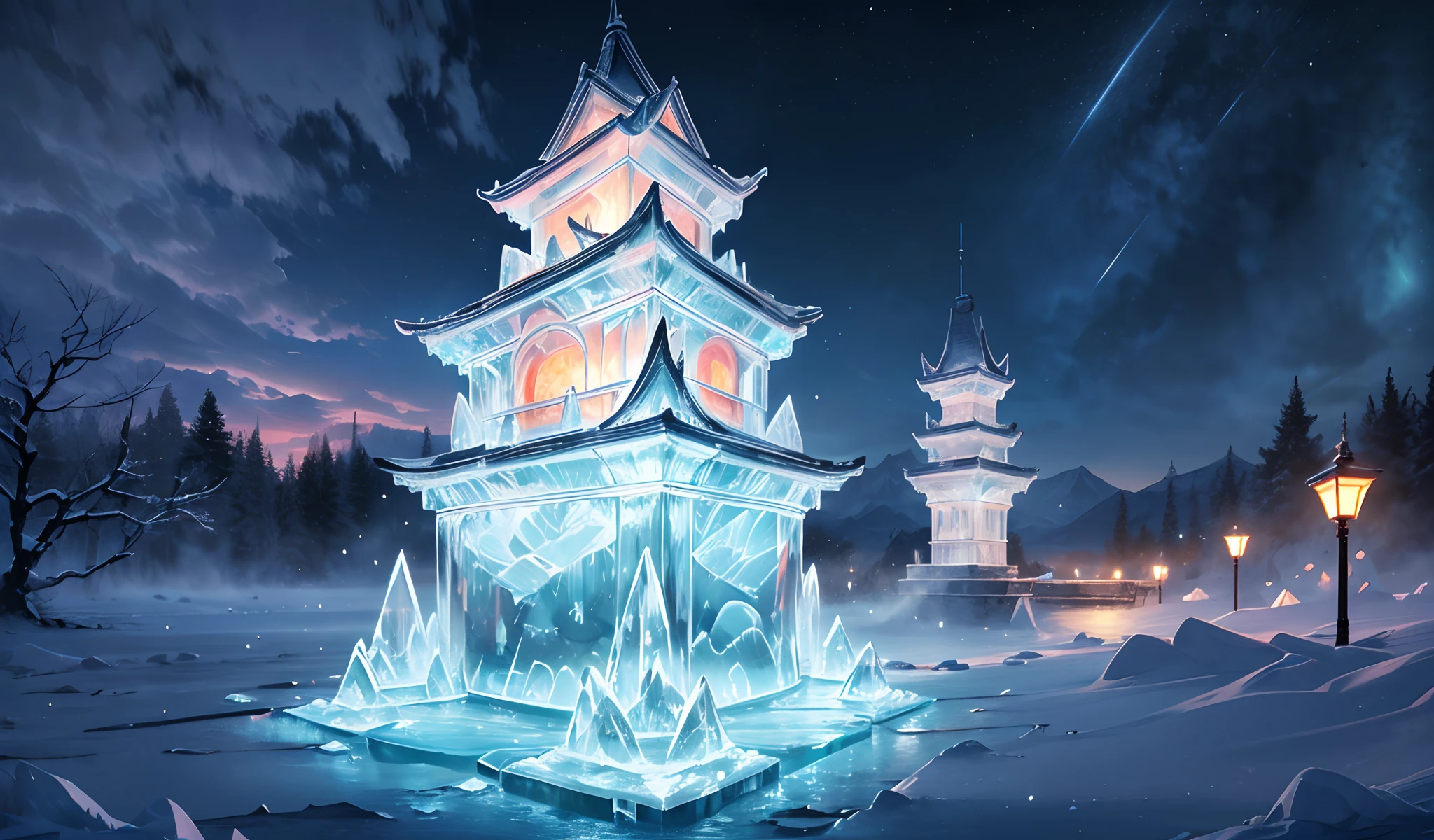 masterpiece, concept art, centered, photography, wide shot, ice world, ice sculpture of Japanese castle made of ice, cold, winter, night, (epic composition, epic proportion), HD