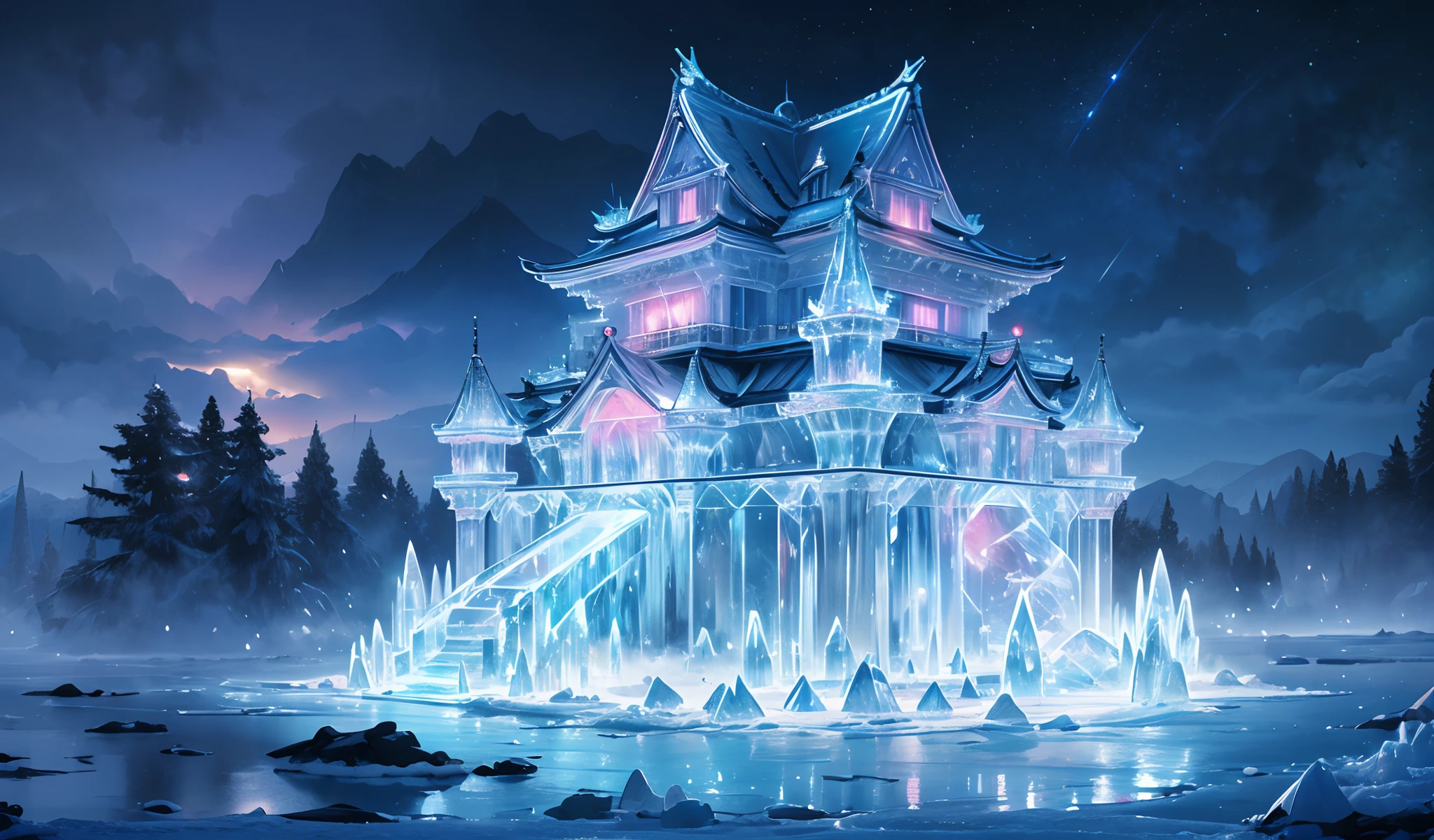 masterpiece, concept art, centered, photography, wide shot, ice world, ice sculpture of Japanese castle made of ice, cold, winter, night, (epic composition, epic proportion), HD