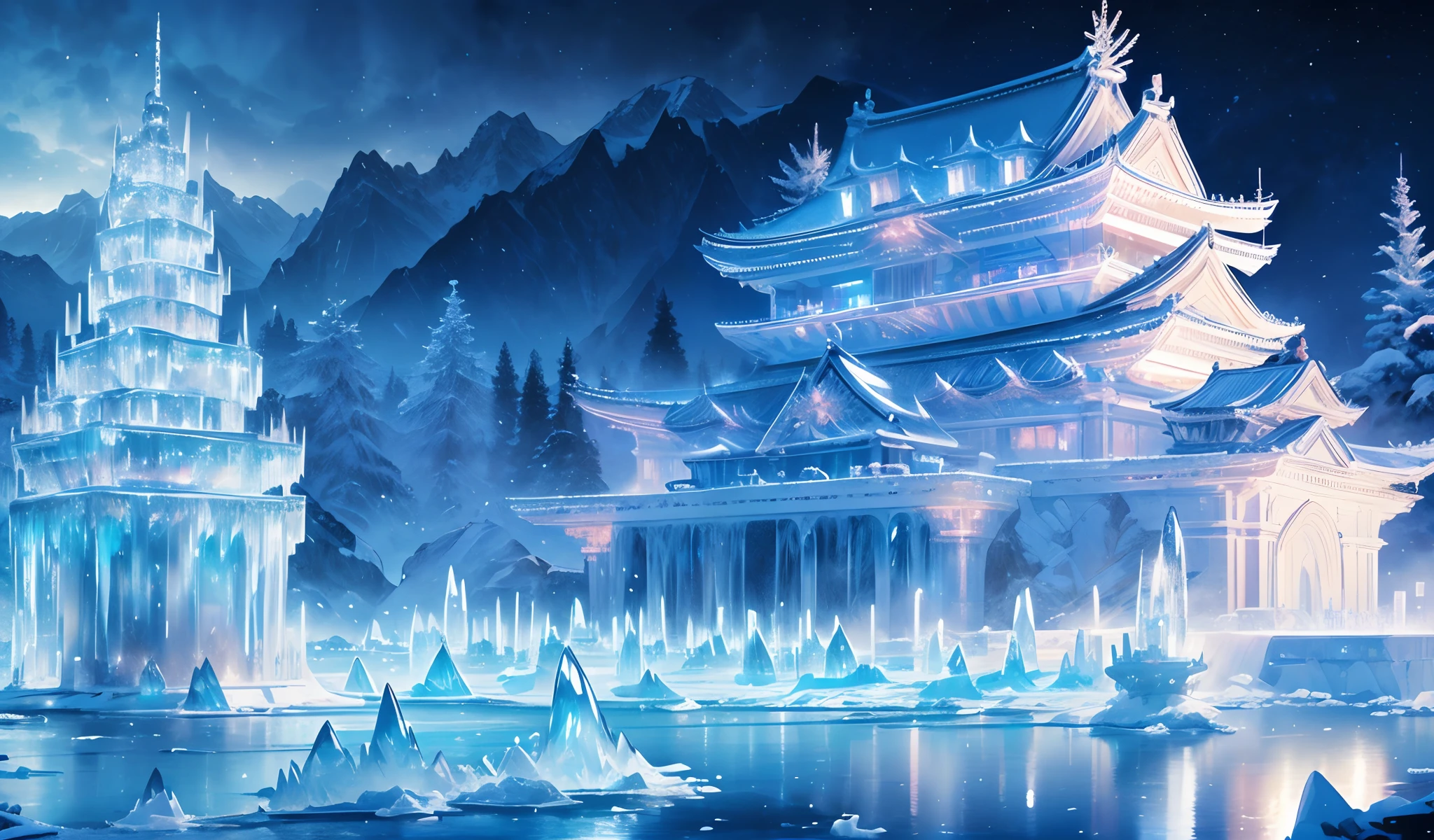masterpiece, concept art, centered, photography, wide shot, ice world, ice sculpture of Japanese castle made of ice, cold, winter, night, (epic composition, epic proportion), HD
