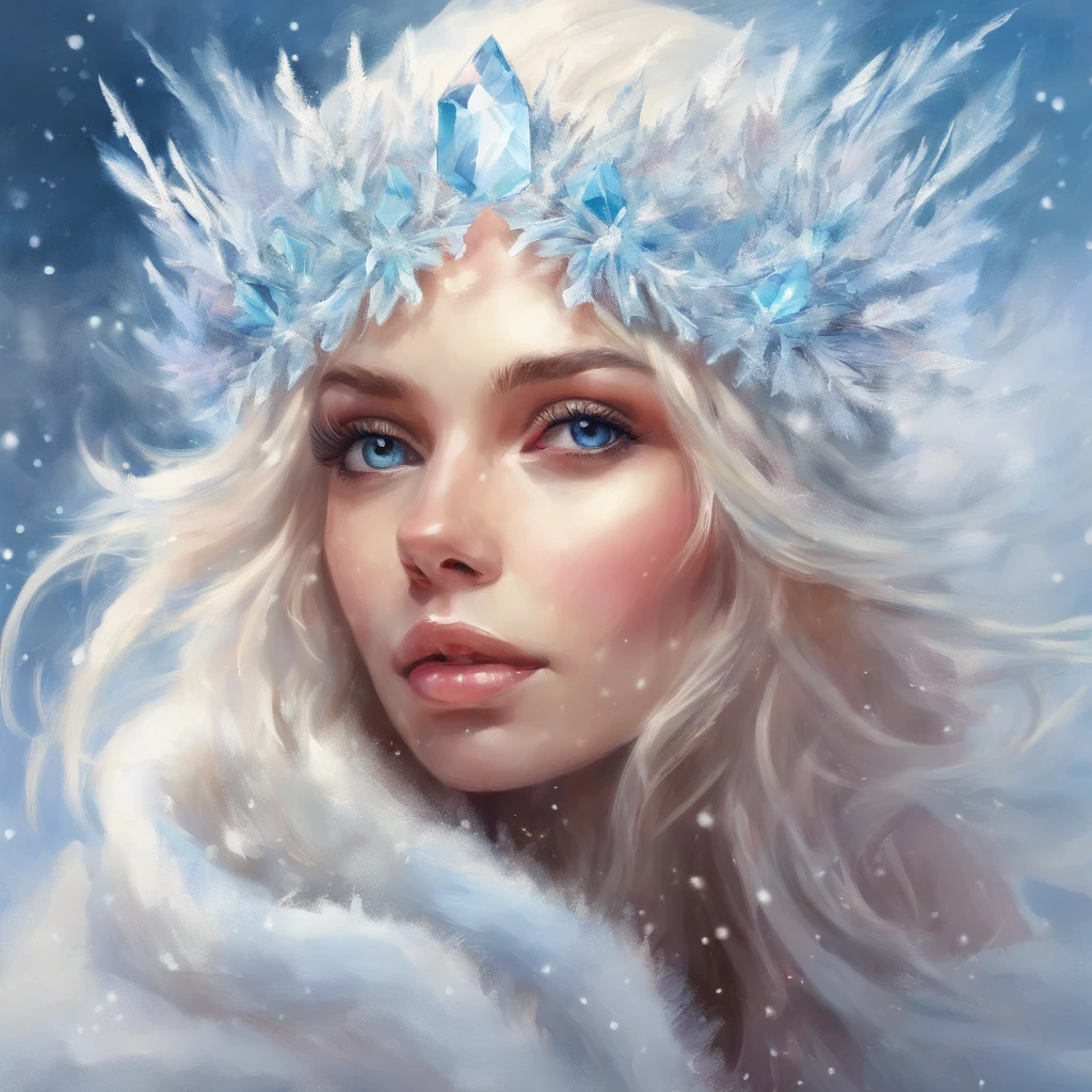 Portrait of a Young Woman, ice princess, with big ice crystals and snow in her hair, cool winter colors, brush stroke painting, ultra-offers HD quality