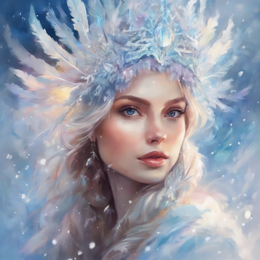 Portrait of a Young Woman, ice princess, with big ice crystals and snow in her hair, cool winter colors, brush stroke painting, ultra-offers HD quality
