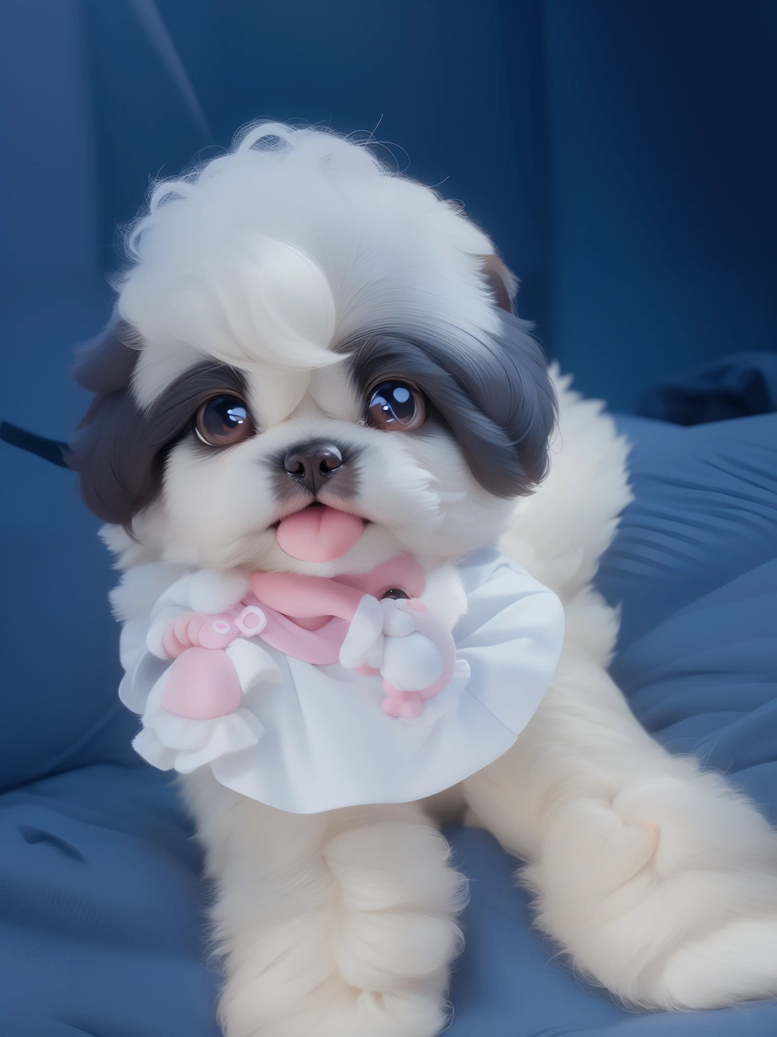 A super cute smiling Shih Tzu dog, Full body lesbian, Bubble Mart Blind Box, IP design, Clean background and bright 3D rendering, OC Render, 8K, soft focus, Thin light and ultra-details--AR 3:6 50 --q 2 --niji 5 --expression style --s 2