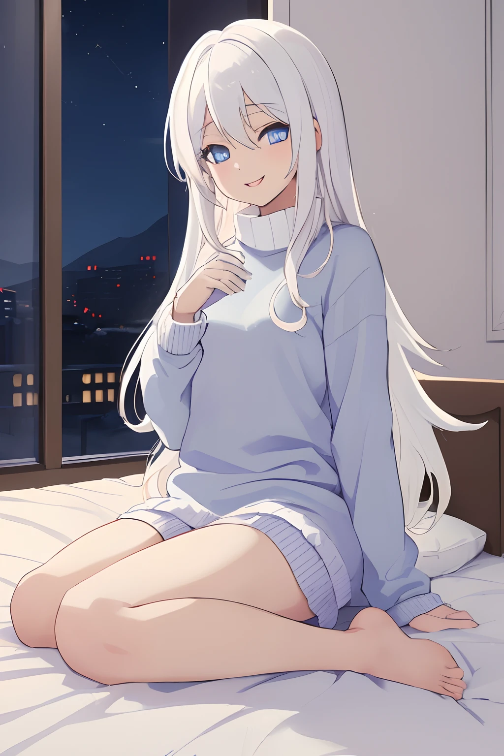 Chica anime, ((Masterpiece), (Best Quality)) (super detailed), ((((solo)))), fullbody, ((((white hair)))), long hair, ((((blue eyes)))), sleepy, smile, 18yo, pajamas, v-neck sweater, mini skirt, Hip Length, sleeves_past_wrists, bed room, on the bed, (((night))), lying